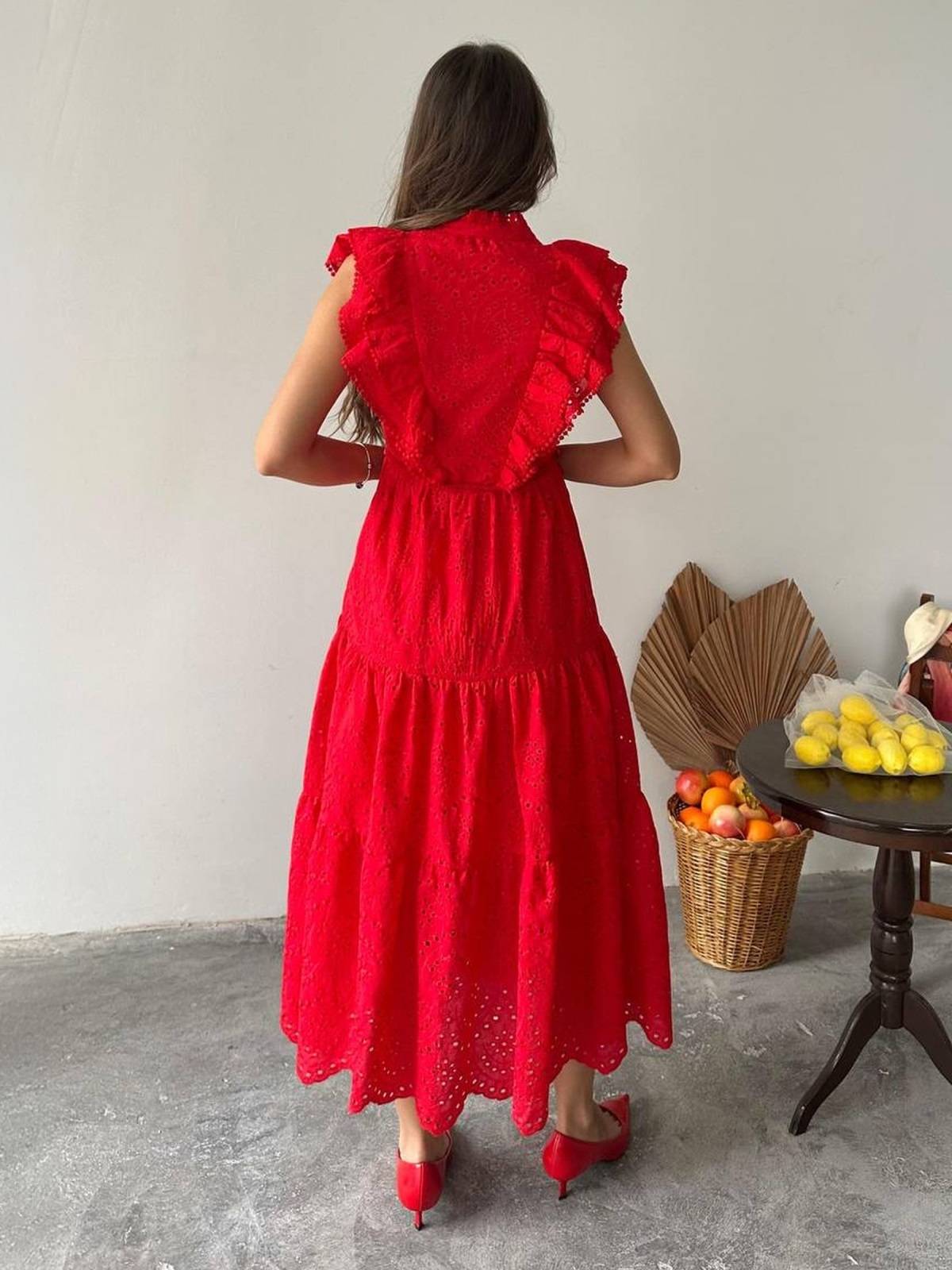 Літнє плаття-кльош червоне з прошви | 90546 Літнє плаття-кльош червоне з прошви | 90546