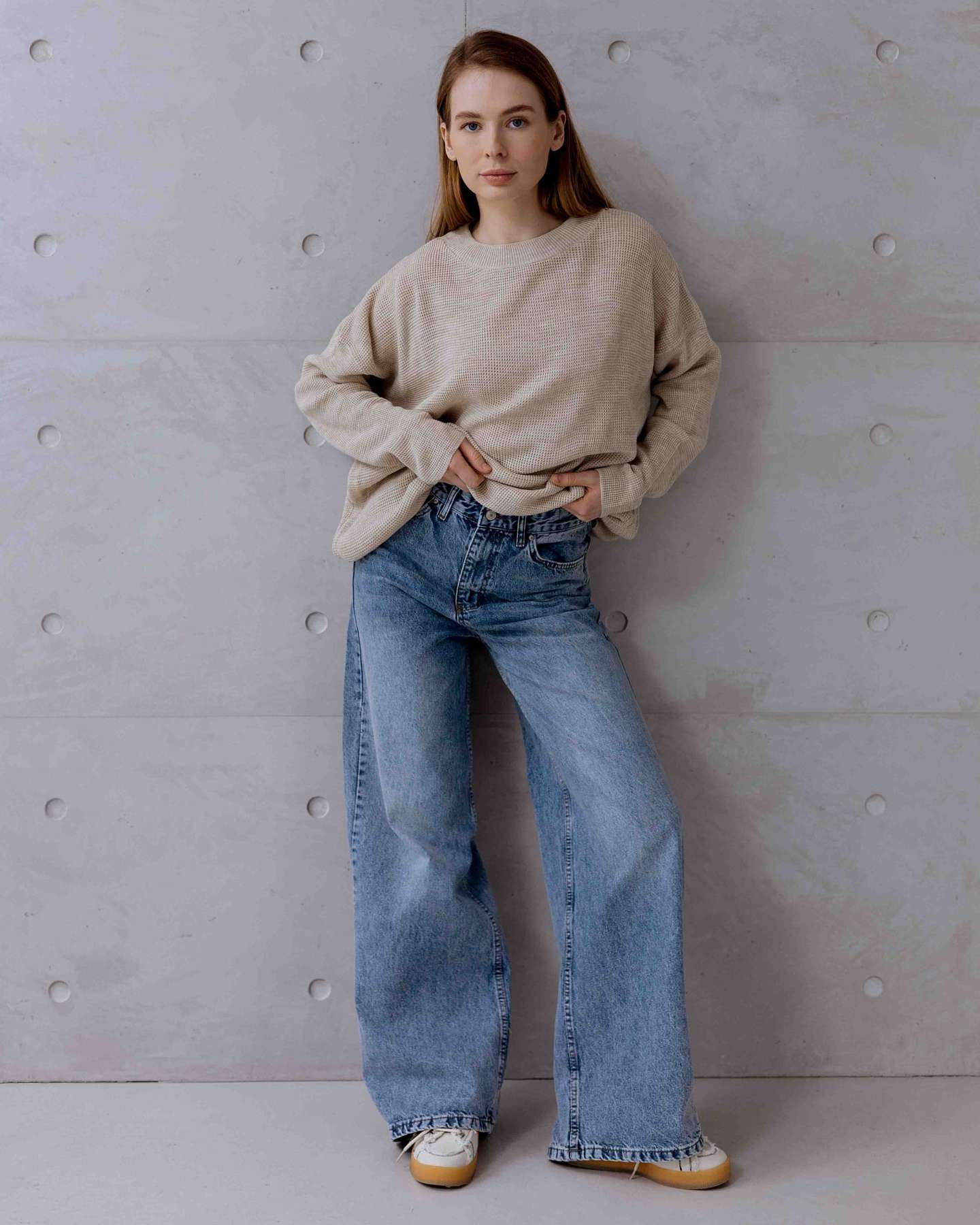 Широкі джинси з ефектом варки блакитні | 90419