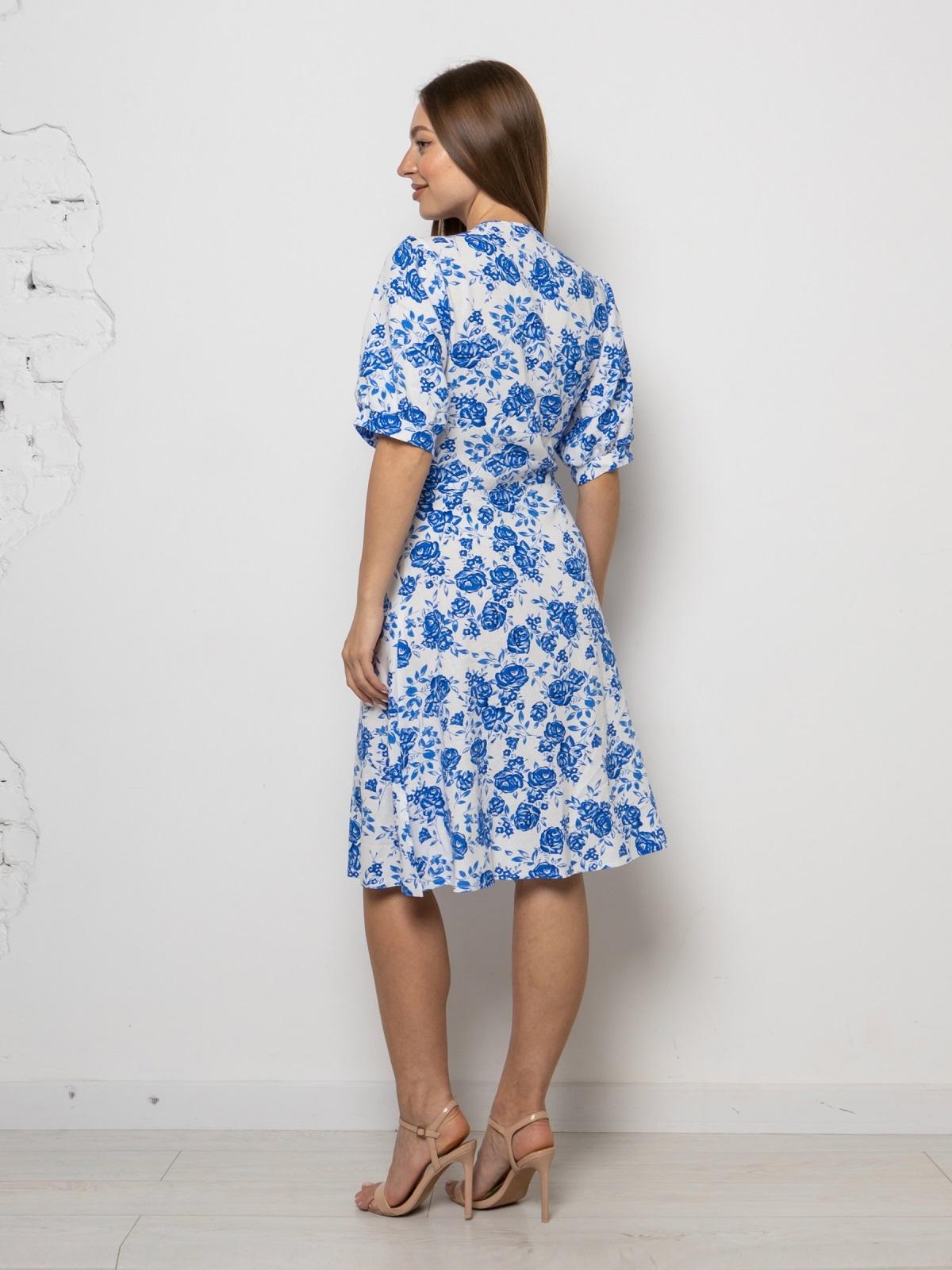 Лляна сукня біла у синій квітковий принт | 90534 Лляна сукня біла у синій квітковий принт | 90534