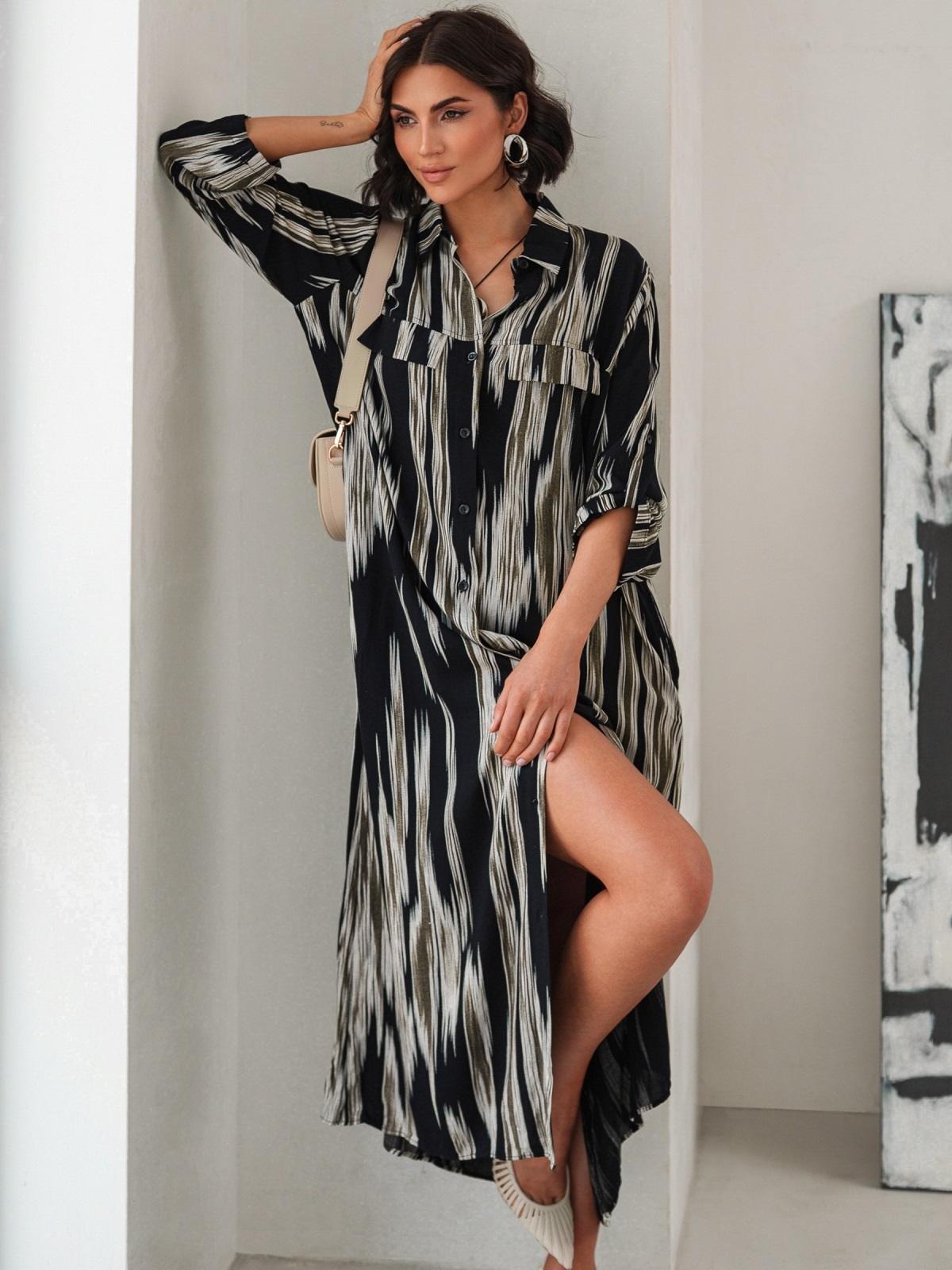 Літня сукня-сорочка оверсайз чорна в принт | 90615