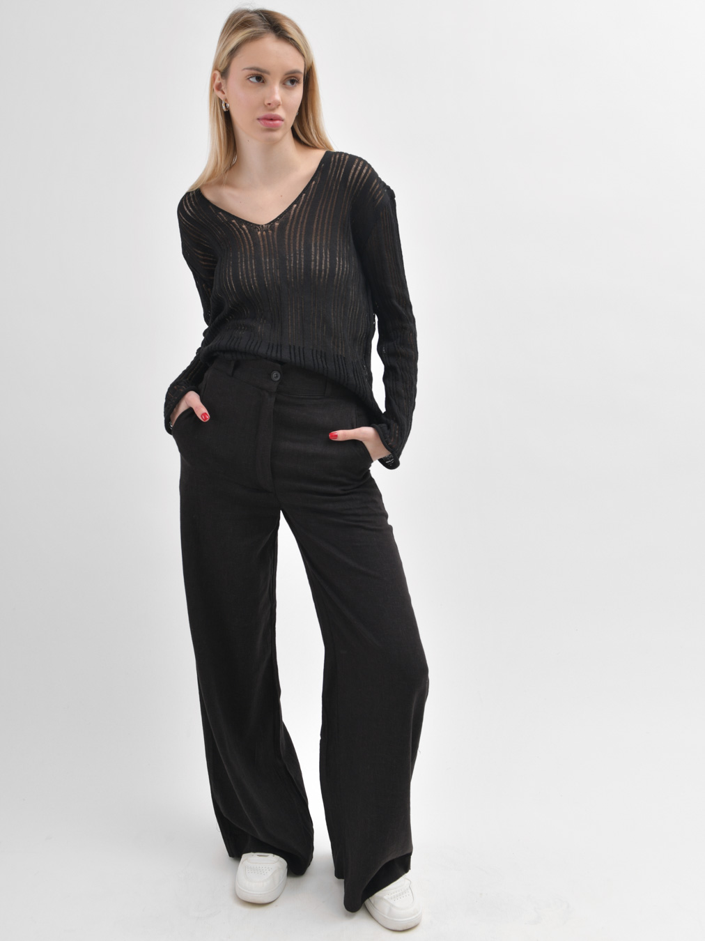 Жіночі широкі штани з льону чорні | 90372