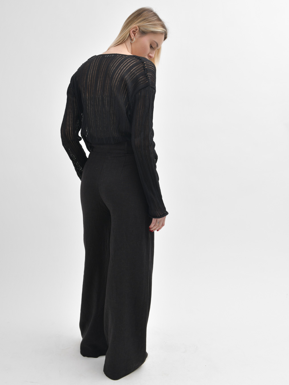 Жіночі широкі штани з льону чорні | 90372