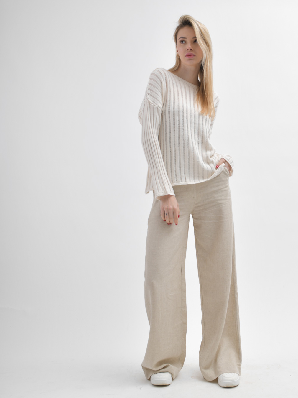 Жіночі широкі штани з льону бежеві | 90360