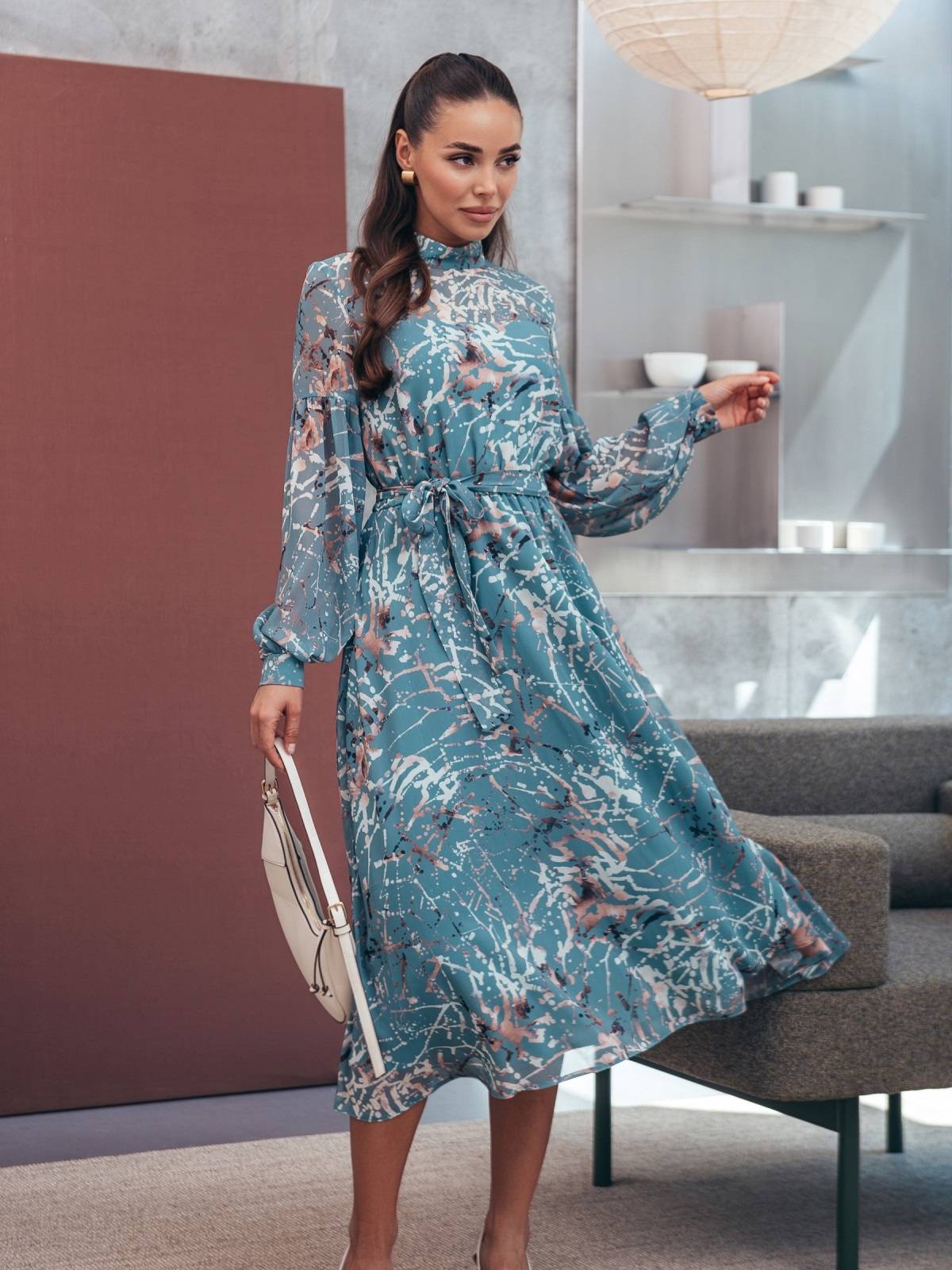 Шифонова сукня зелена в принт на підкладці | 90989 Шифонова сукня зелена в принт на підкладці | 90989