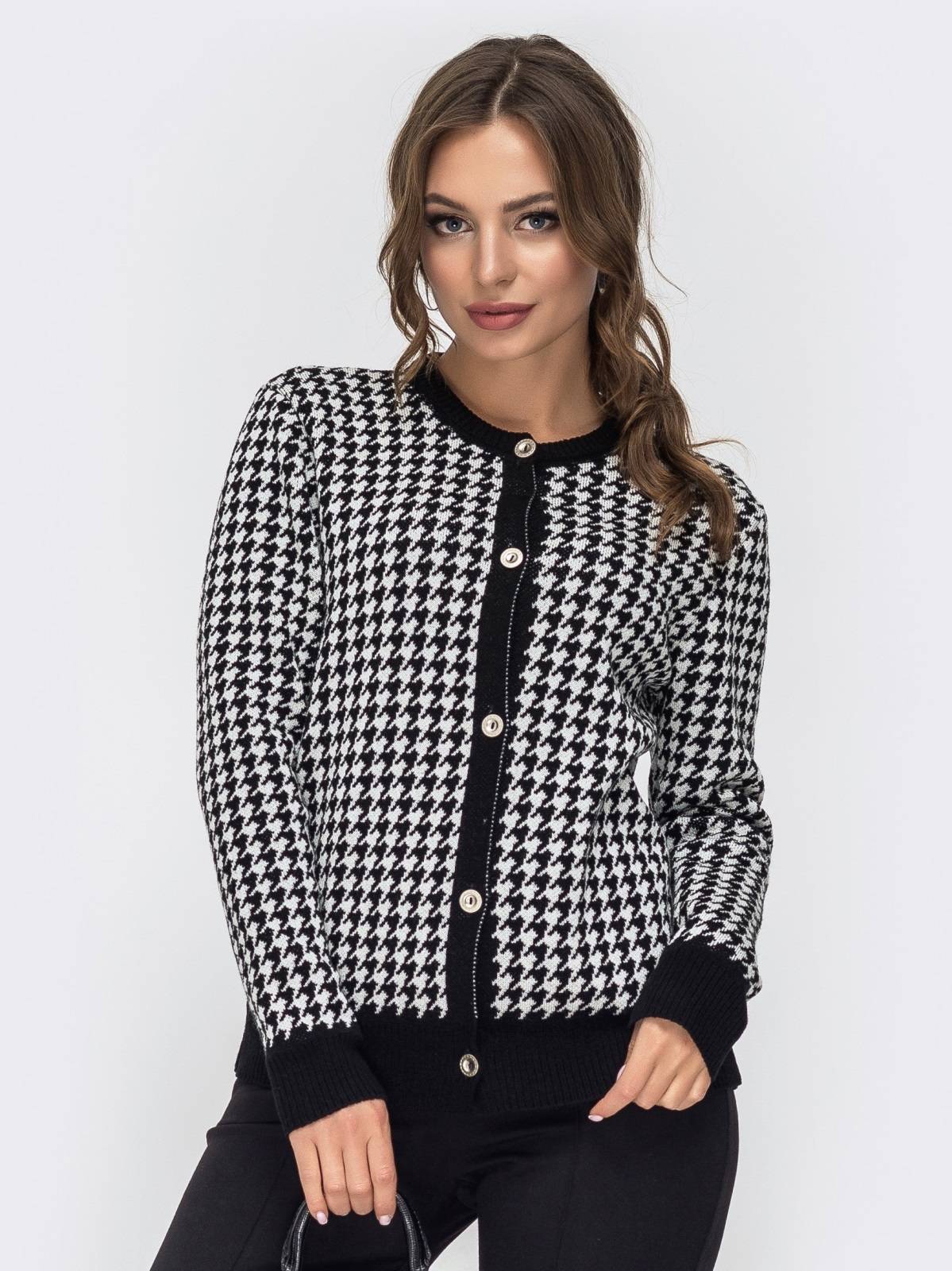 Жіноча кофта вовняна в гусячу лапку чорна | 91021