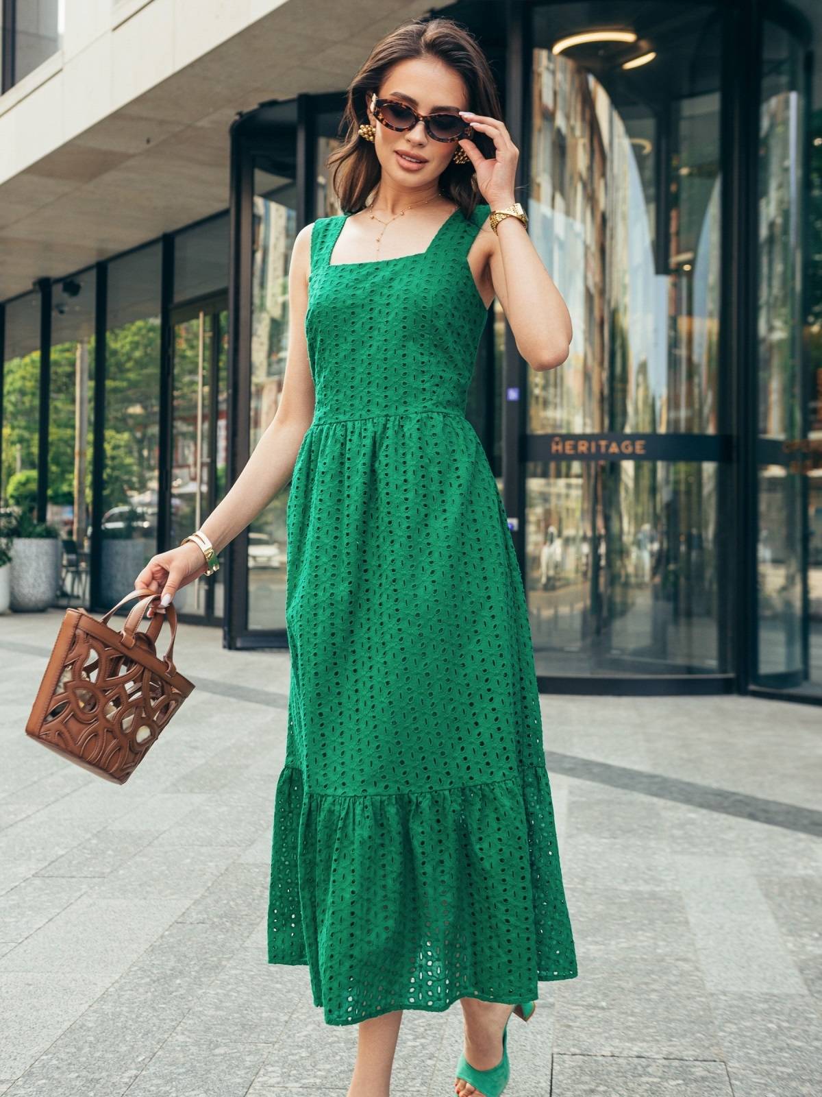 Літня сукня на широких бретелях зелена | 90808