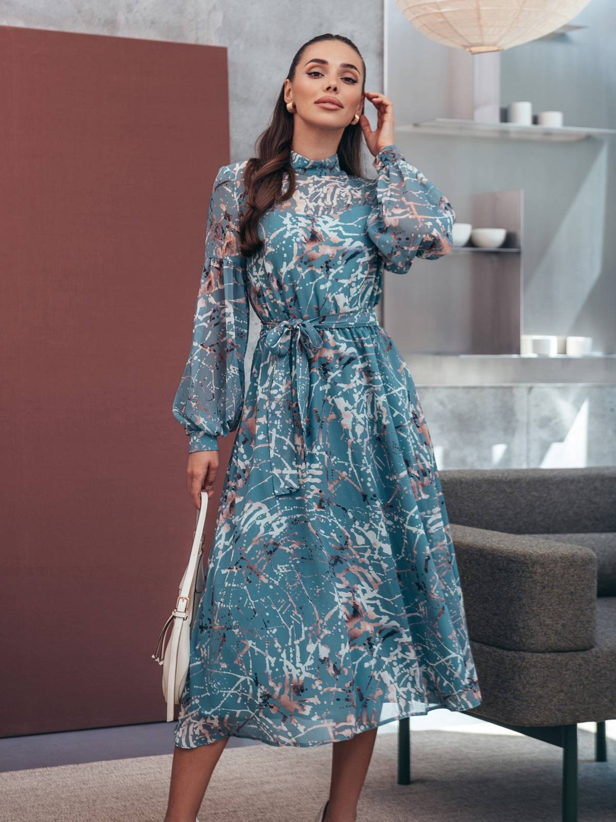 Шифонова сукня зелена в принт на підкладці | 90989 Шифонова сукня зелена в принт на підкладці | 90989