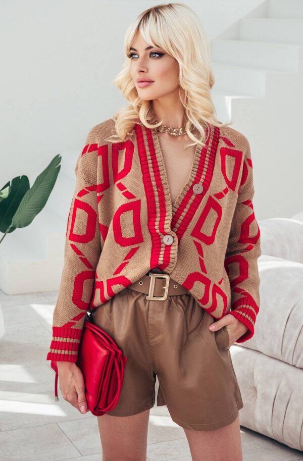 В'язаний кардиган в принт бежево-червоний | 91029