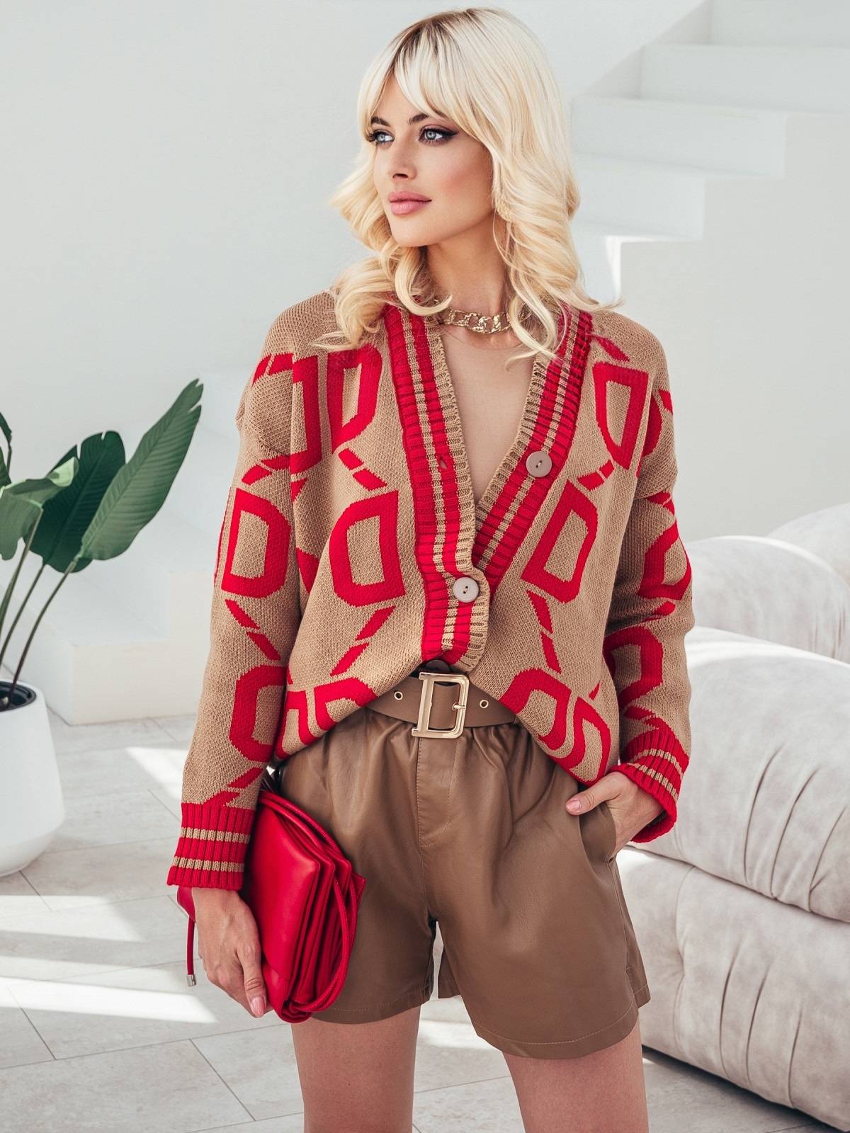 В'язаний кардиган в принт бежево-червоний | 91029