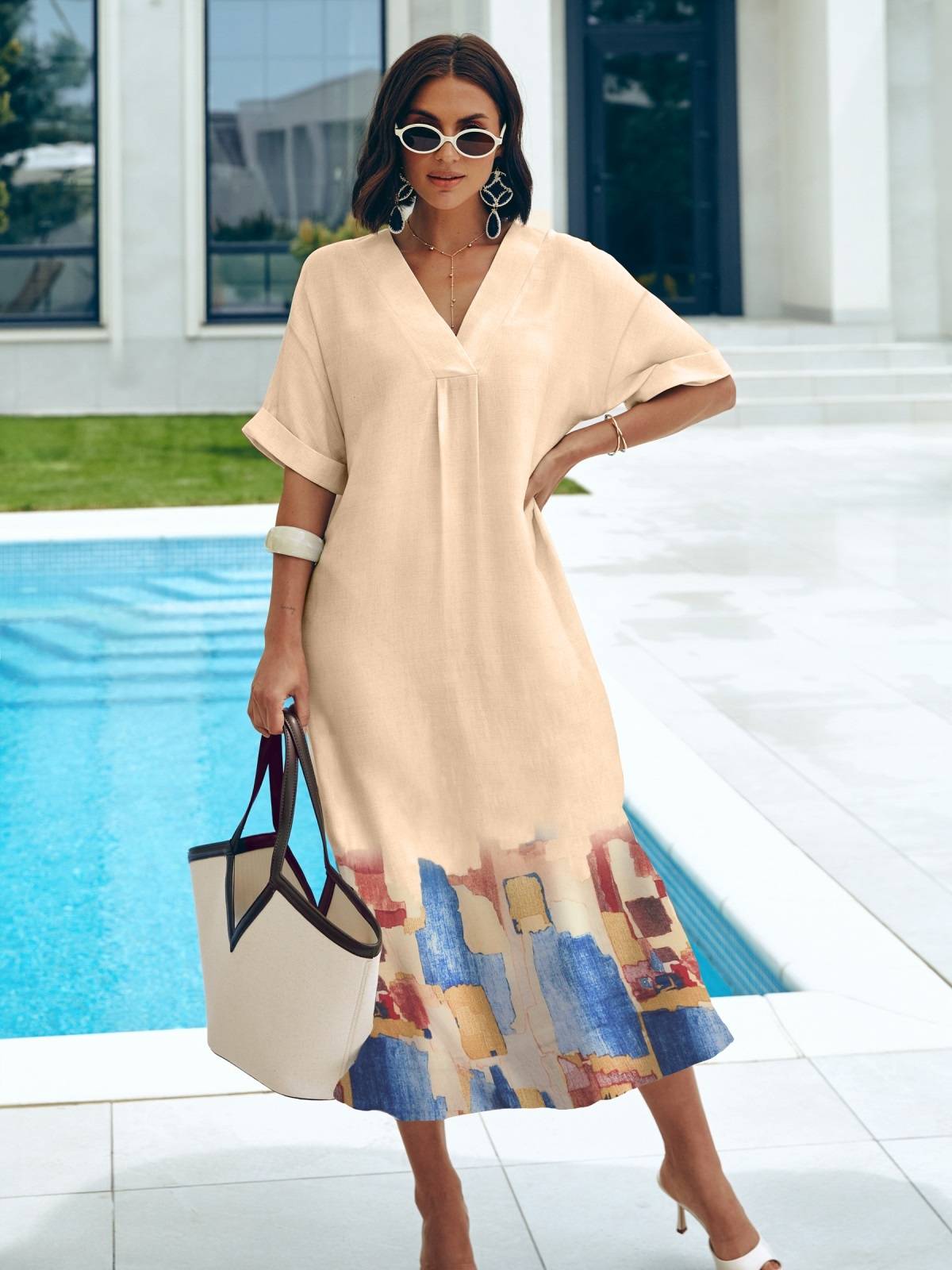 Літня сукня міді вільного крою персикова | 90800 Літня сукня міді вільного крою персикова | 90800