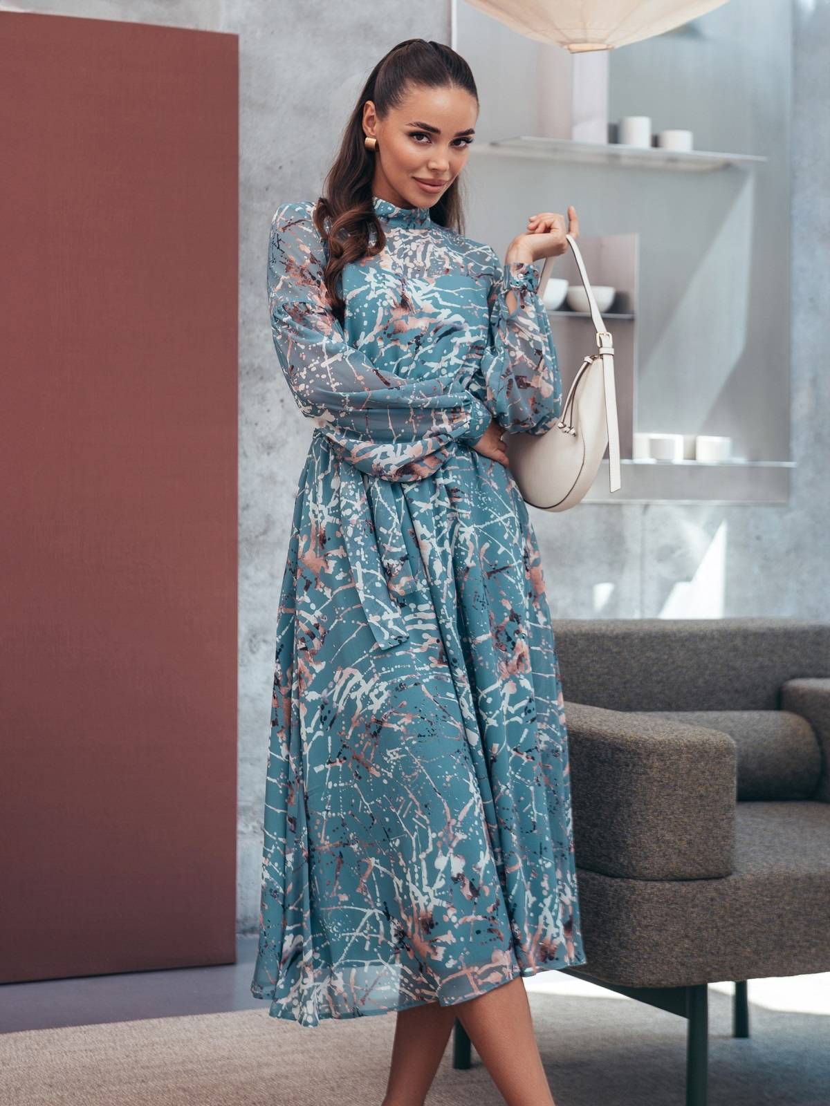 Шифонова сукня зелена в принт на підкладці | 90989 Шифонова сукня зелена в принт на підкладці | 90989