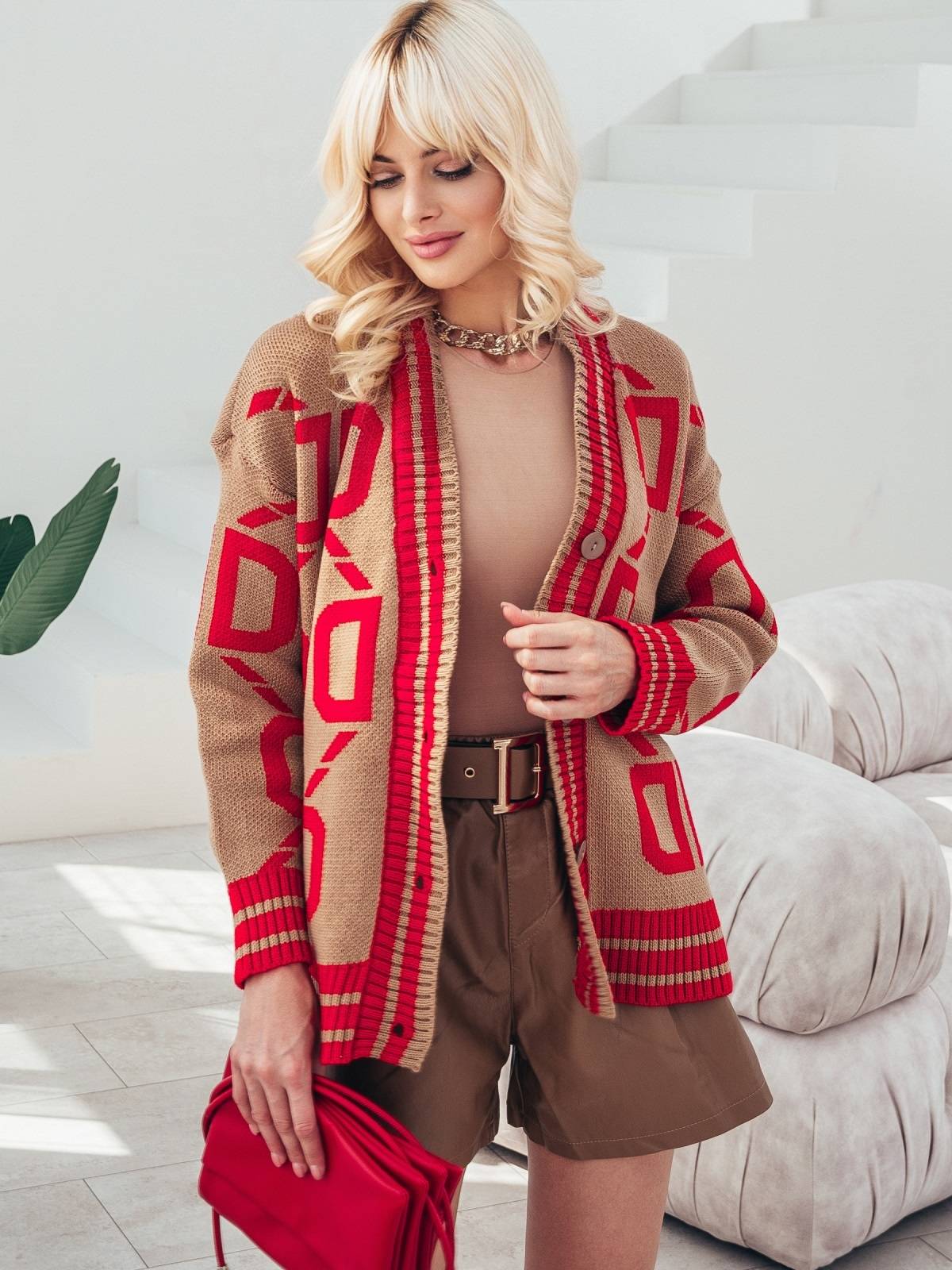 В'язаний кардиган в принт бежево-червоний | 91029