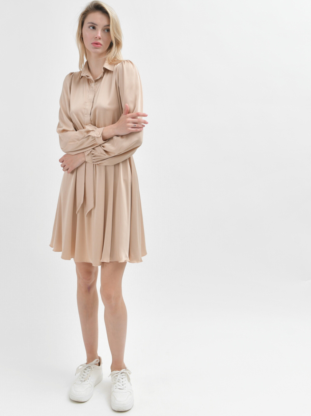 Шовкова розкльошена мінісукня бежева | 90932