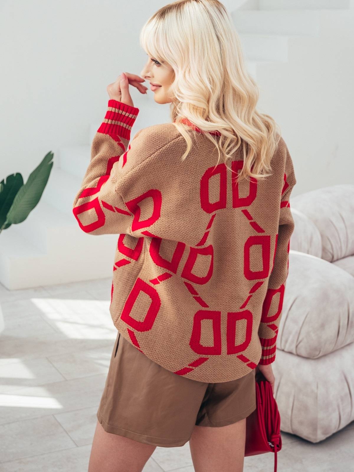 В'язаний кардиган в принт бежево-червоний | 91029