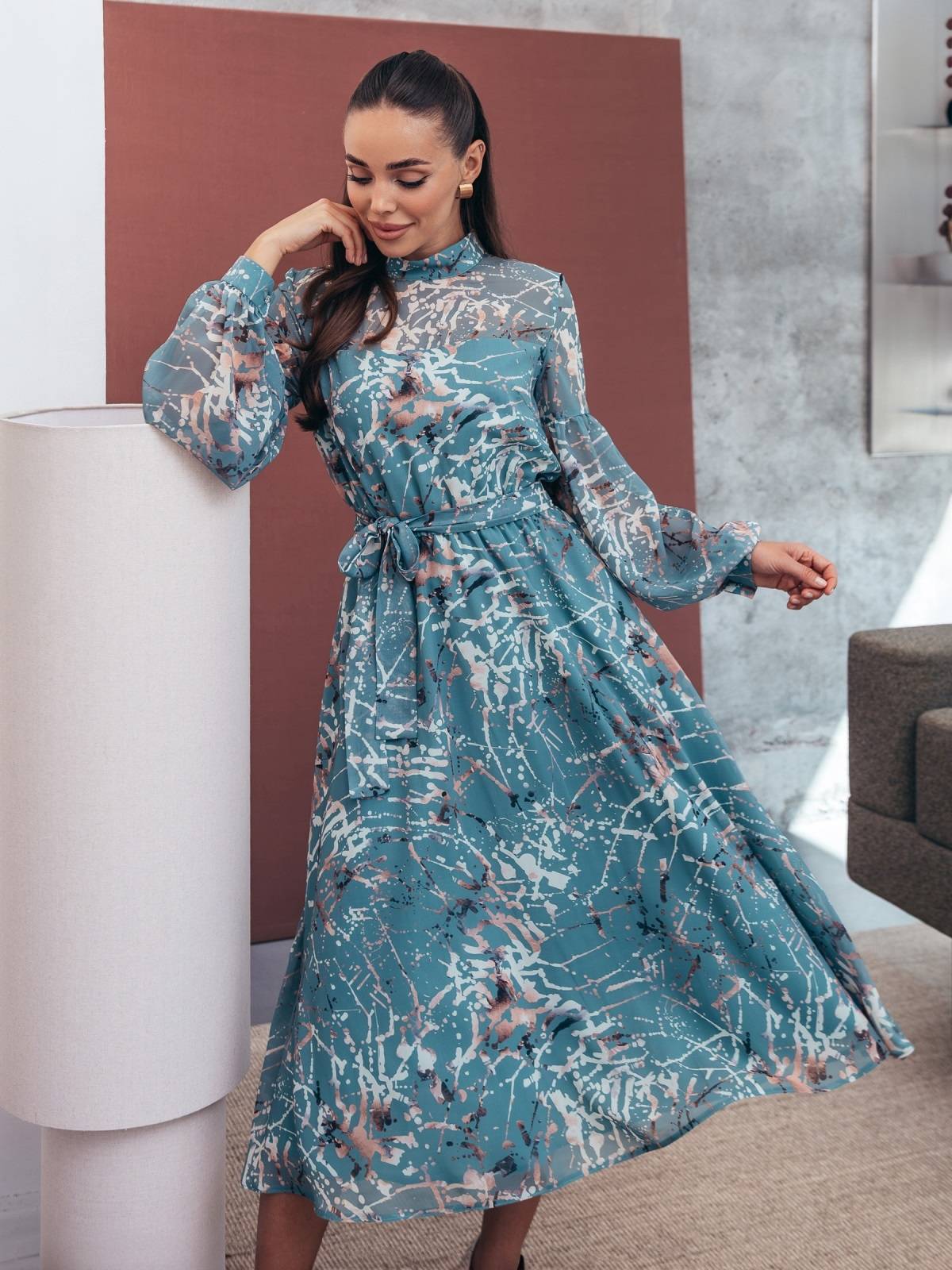 Шифонова сукня зелена в принт на підкладці | 90989 Шифонова сукня зелена в принт на підкладці | 90989