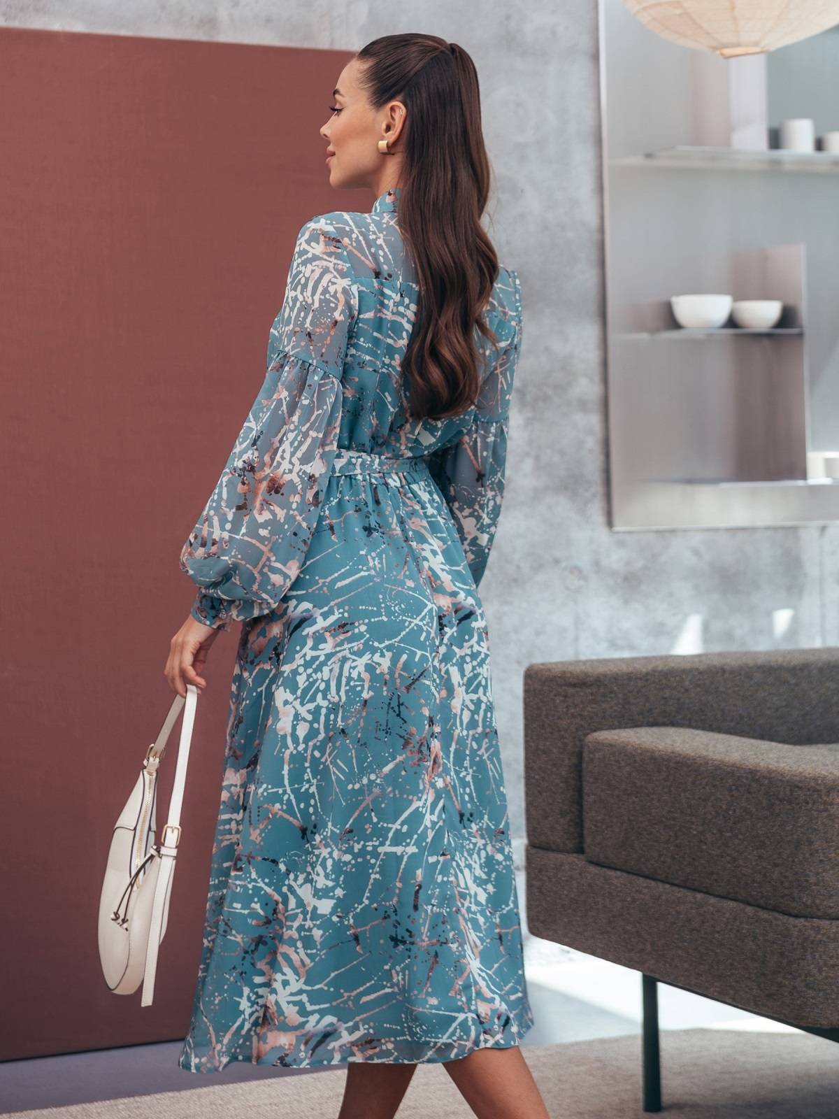 Шифонова сукня зелена в принт на підкладці | 90989 Шифонова сукня зелена в принт на підкладці | 90989