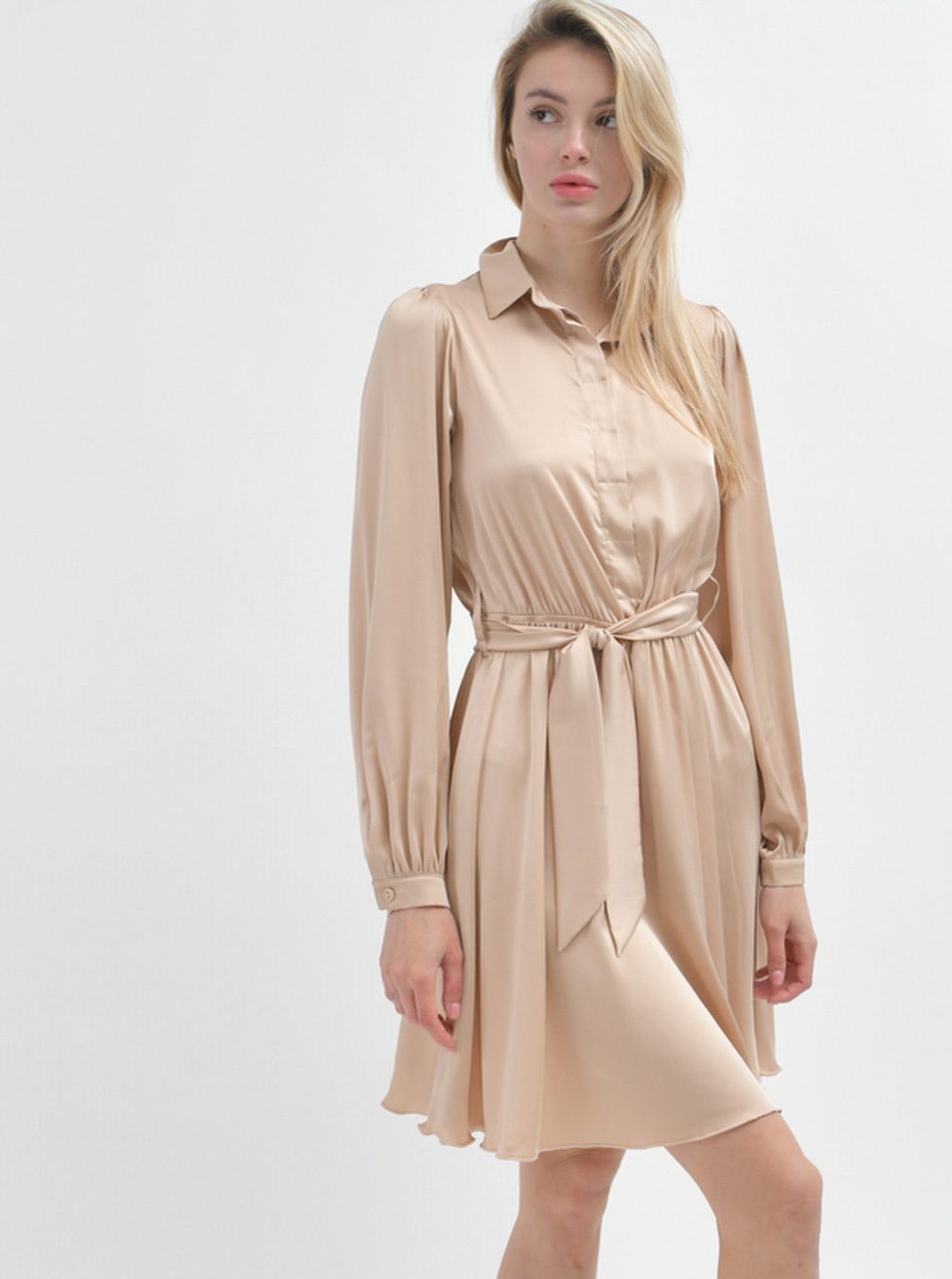 Шовкова розкльошена мінісукня бежева | 90932