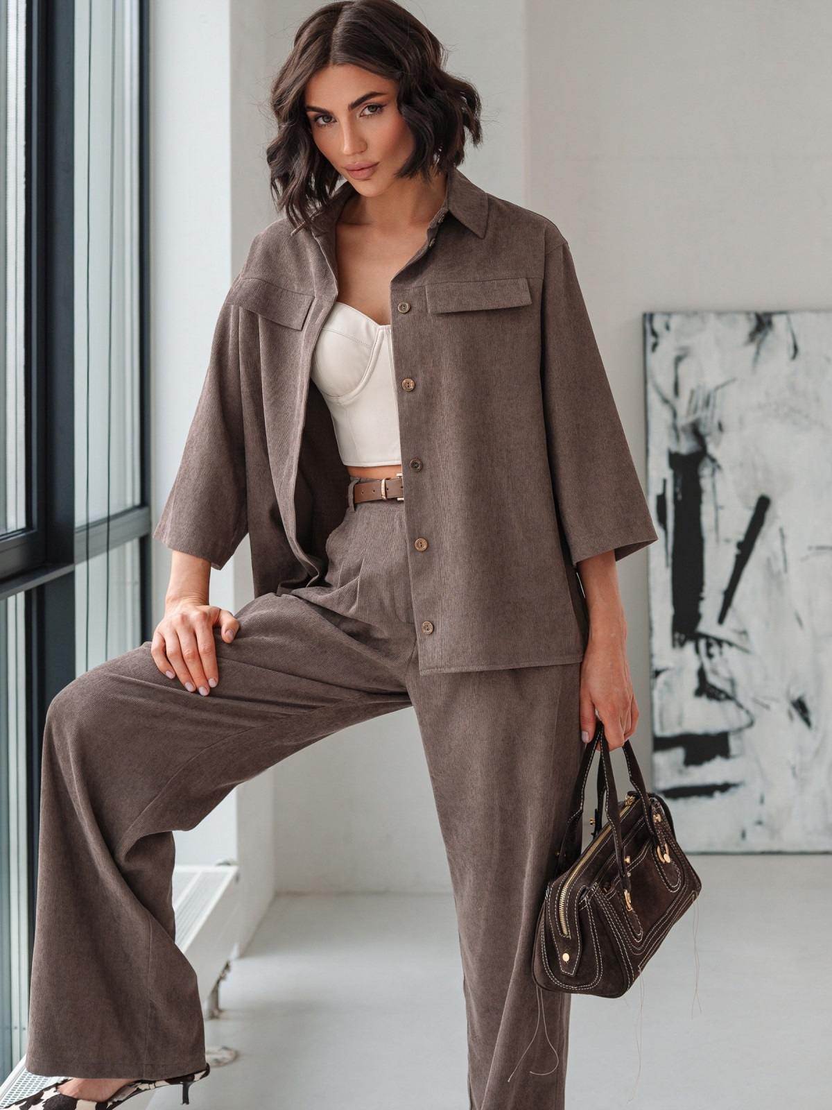 Костюм-двійка з мікровельвету коричневий | 91664