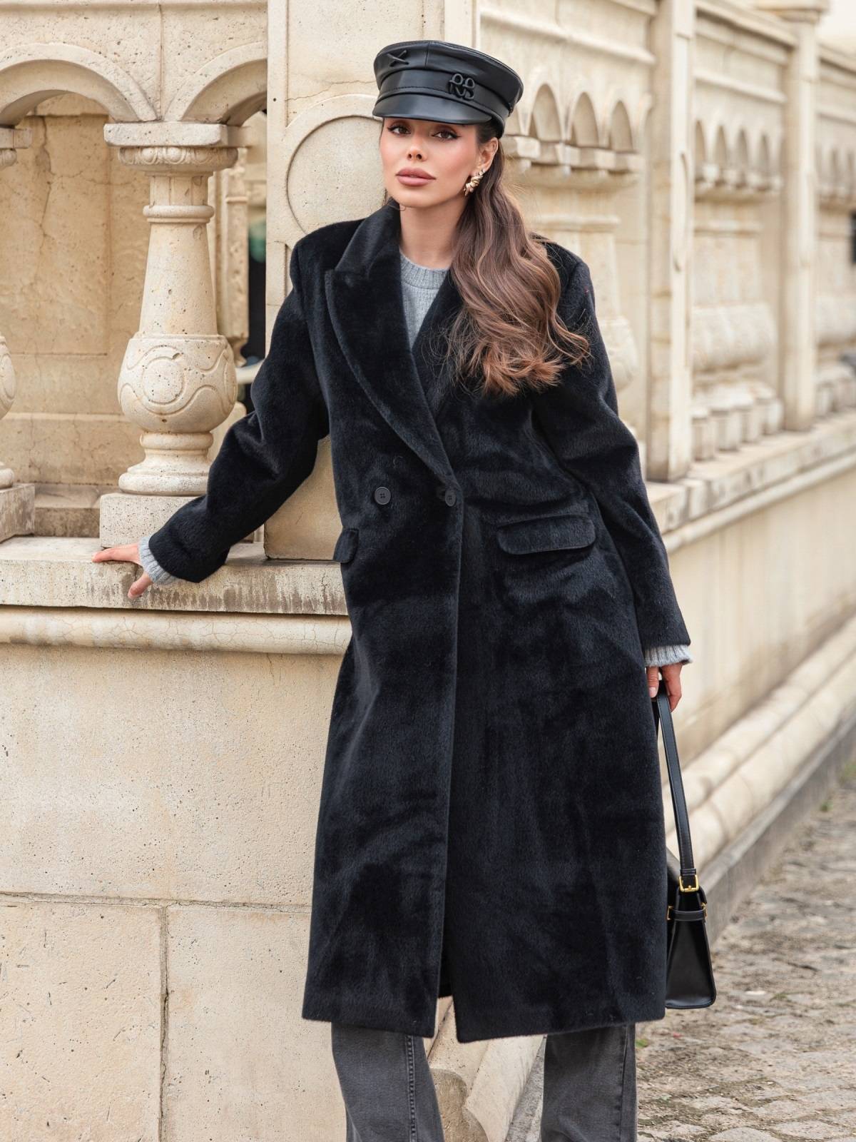 Елегантне пальто зі штучного хутра чорне | 91759 Елегантне пальто зі штучного хутра чорне | 91759