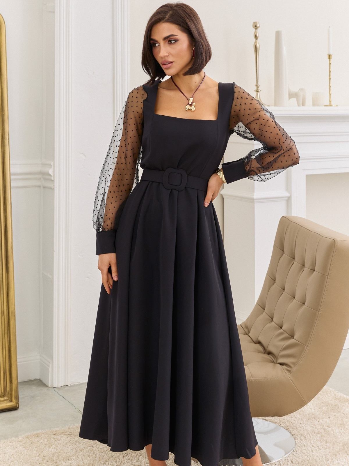 Святкова сукня з прозорими рукавами чорна | 91198 Святкова сукня з прозорими рукавами чорна | 91198