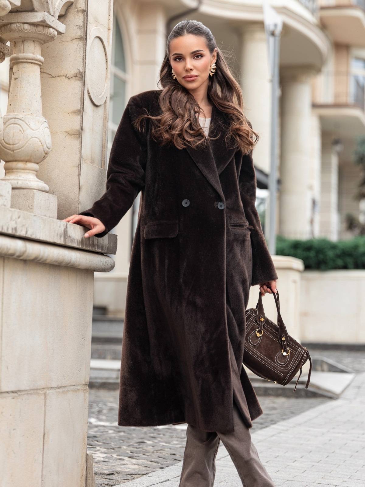 Елегантне пальто зі штучного хутра коричневе | 91747