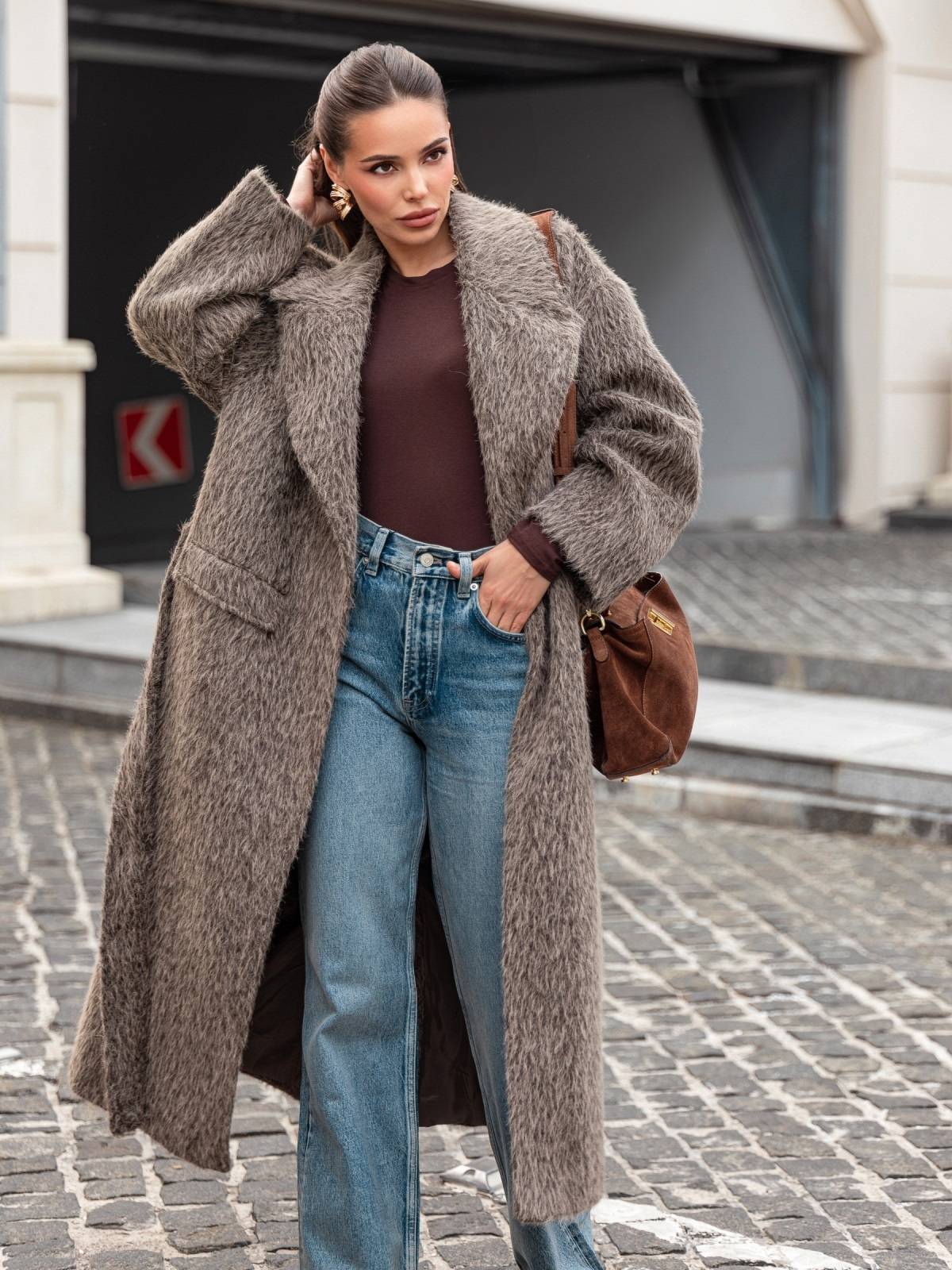 Пальто з ворсом на запах темно-бежеве | 91935