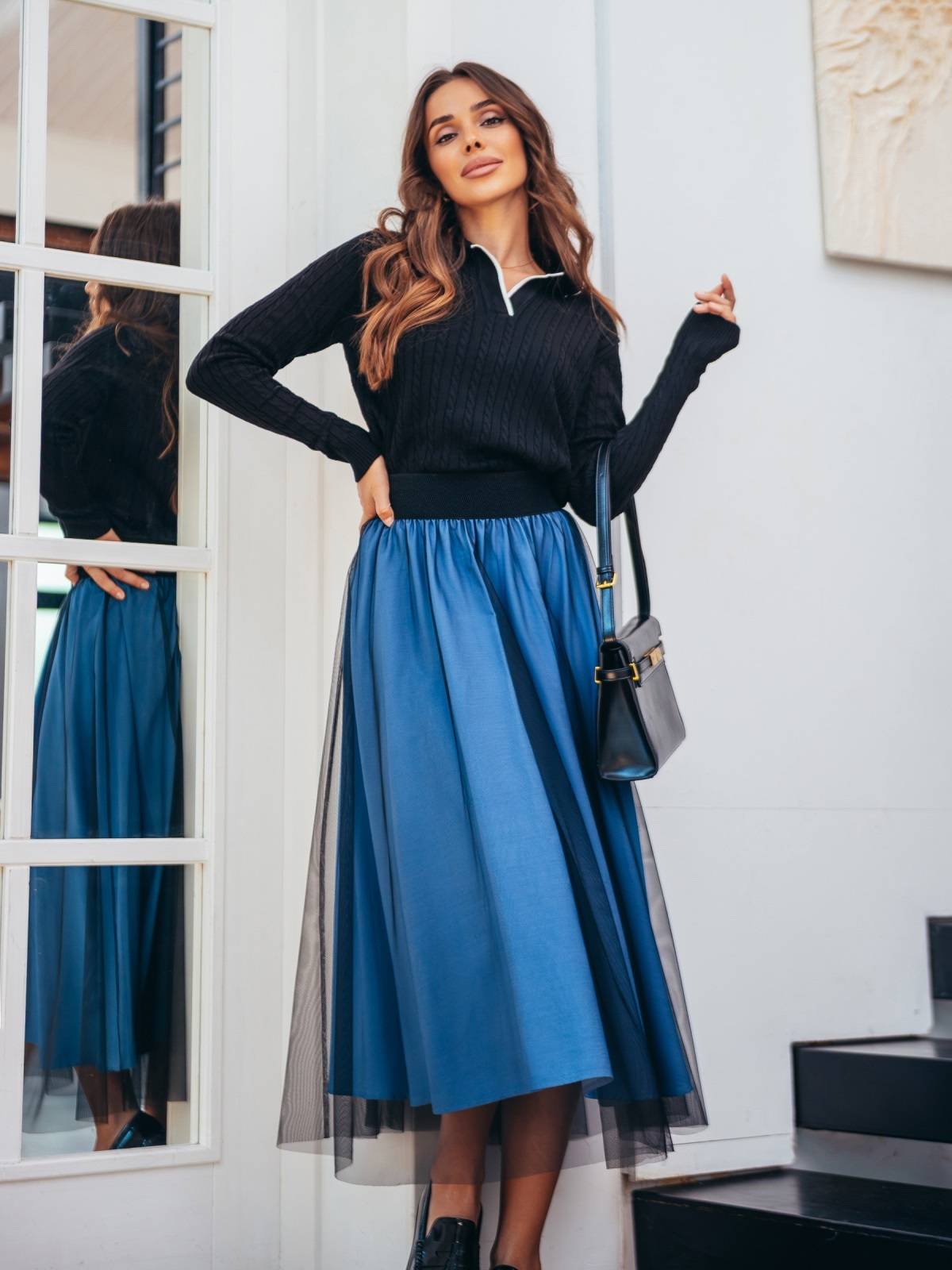 Стильна двошарова спідниця-напівсонце синя | 91423 Стильна двошарова спідниця-напівсонце синя | 91423