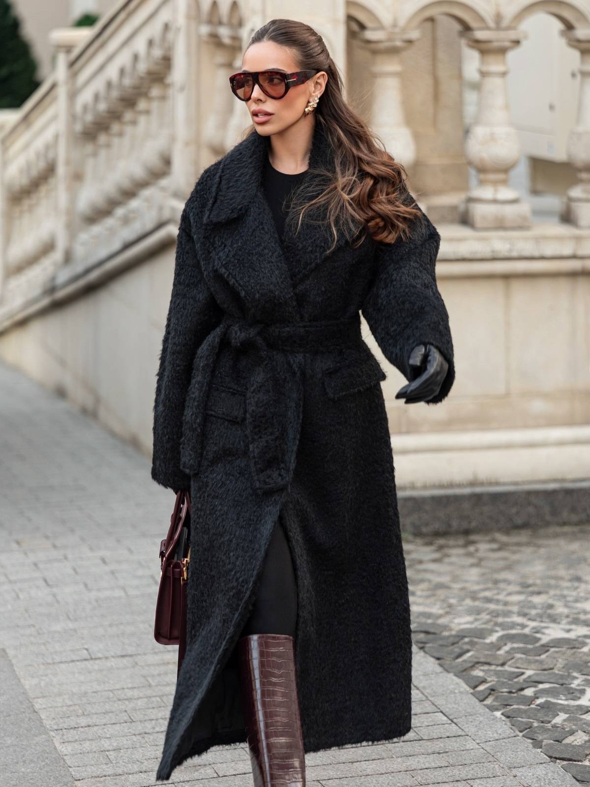 Демісезонне пальто з ворсом на запах чорне | 91948 Демісезонне пальто з ворсом на запах чорне | 91948