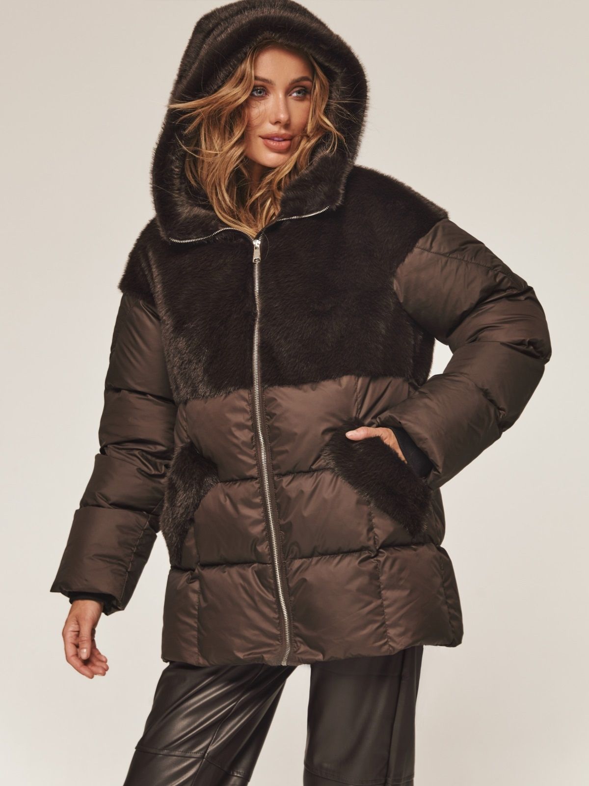 Зимова куртка з вставками з екохутра коричнева | 91795 Зимова куртка з вставками з екохутра коричнева | 91795