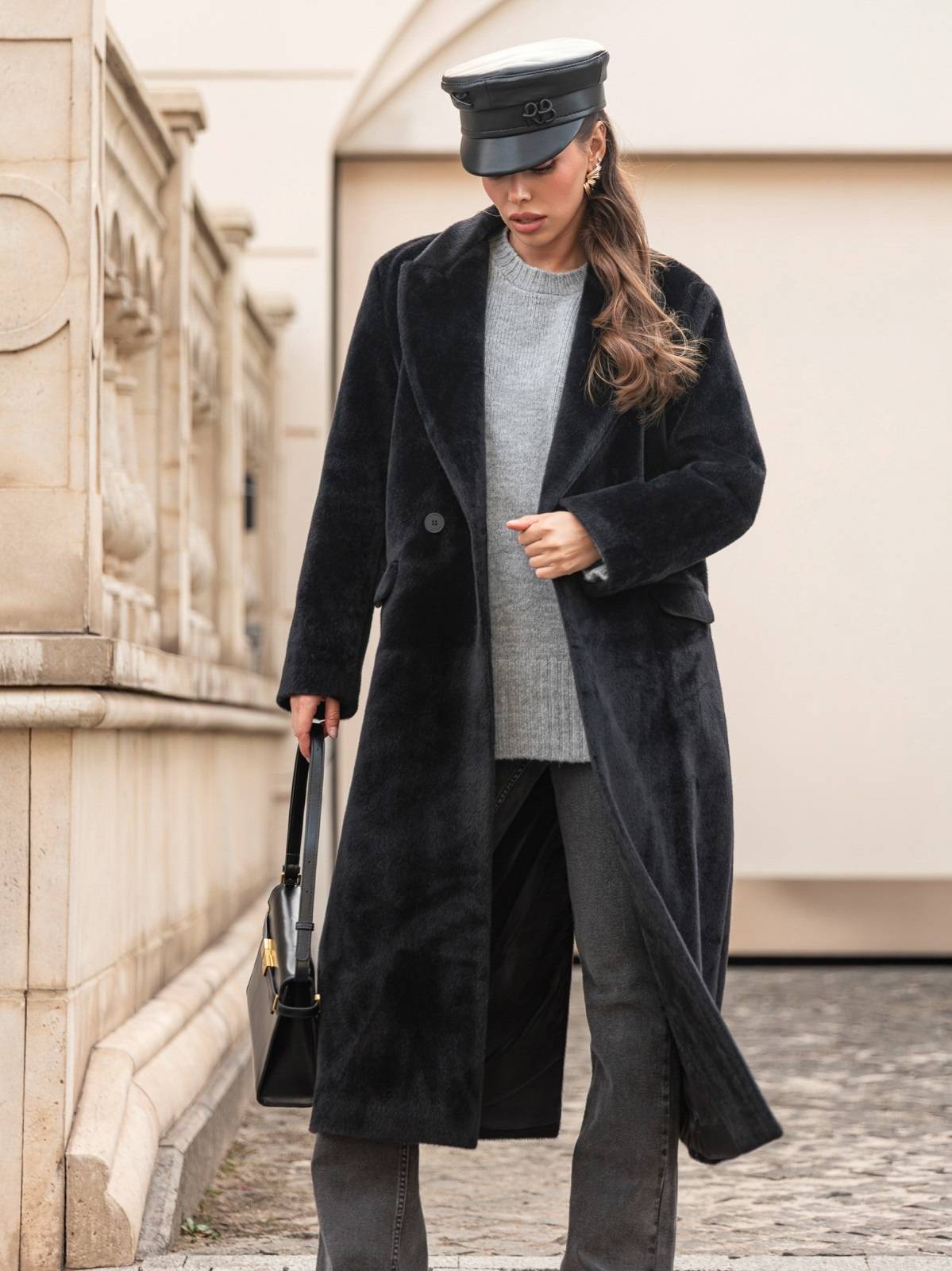 Елегантне пальто зі штучного хутра чорне | 91759 Елегантне пальто зі штучного хутра чорне | 91759