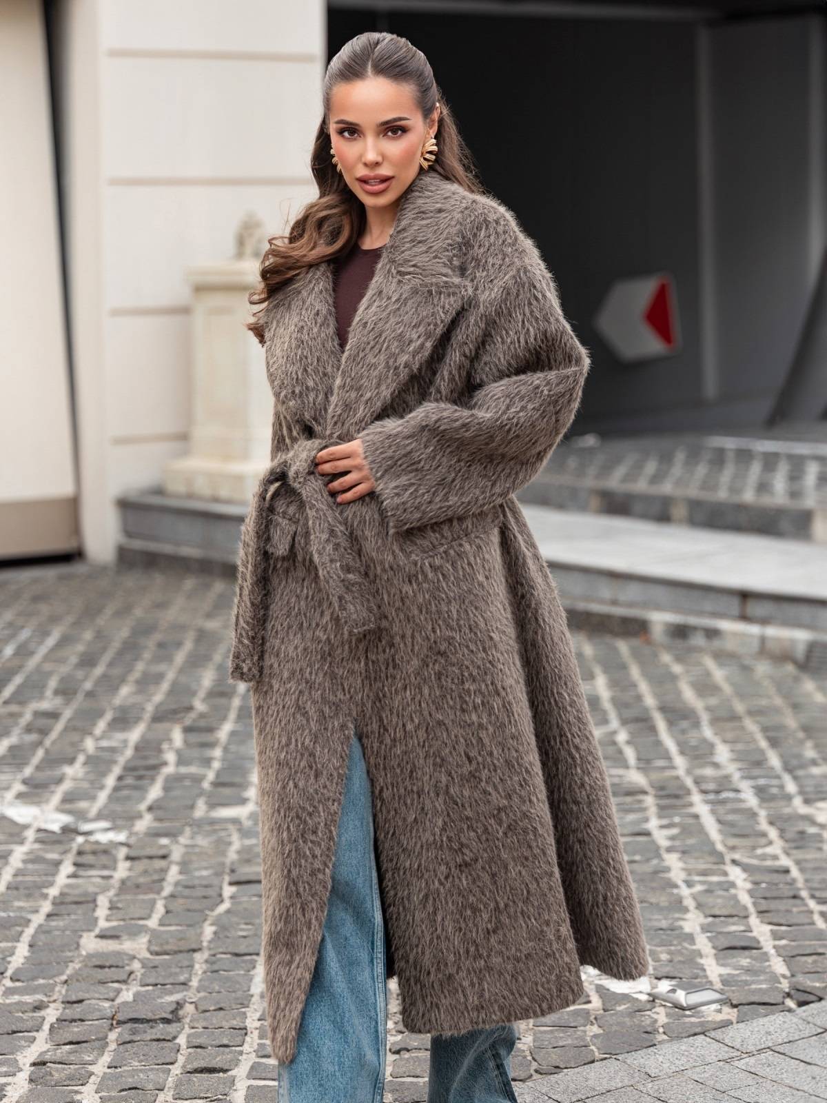 Пальто з ворсом на запах темно-бежеве | 91935