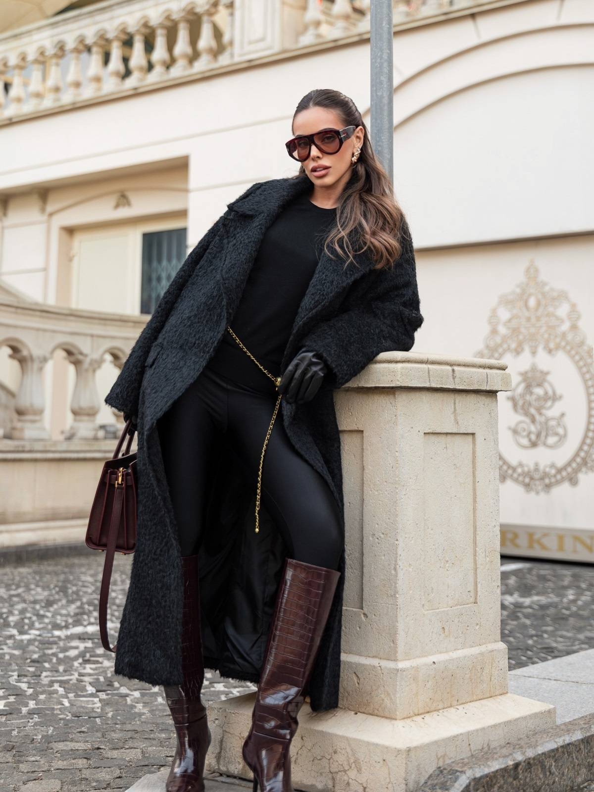 Демісезонне пальто з ворсом на запах чорне | 91948 Демісезонне пальто з ворсом на запах чорне | 91948