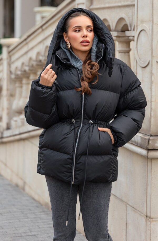 Куртка пуфер зі знімним каптуром чорна | 91886