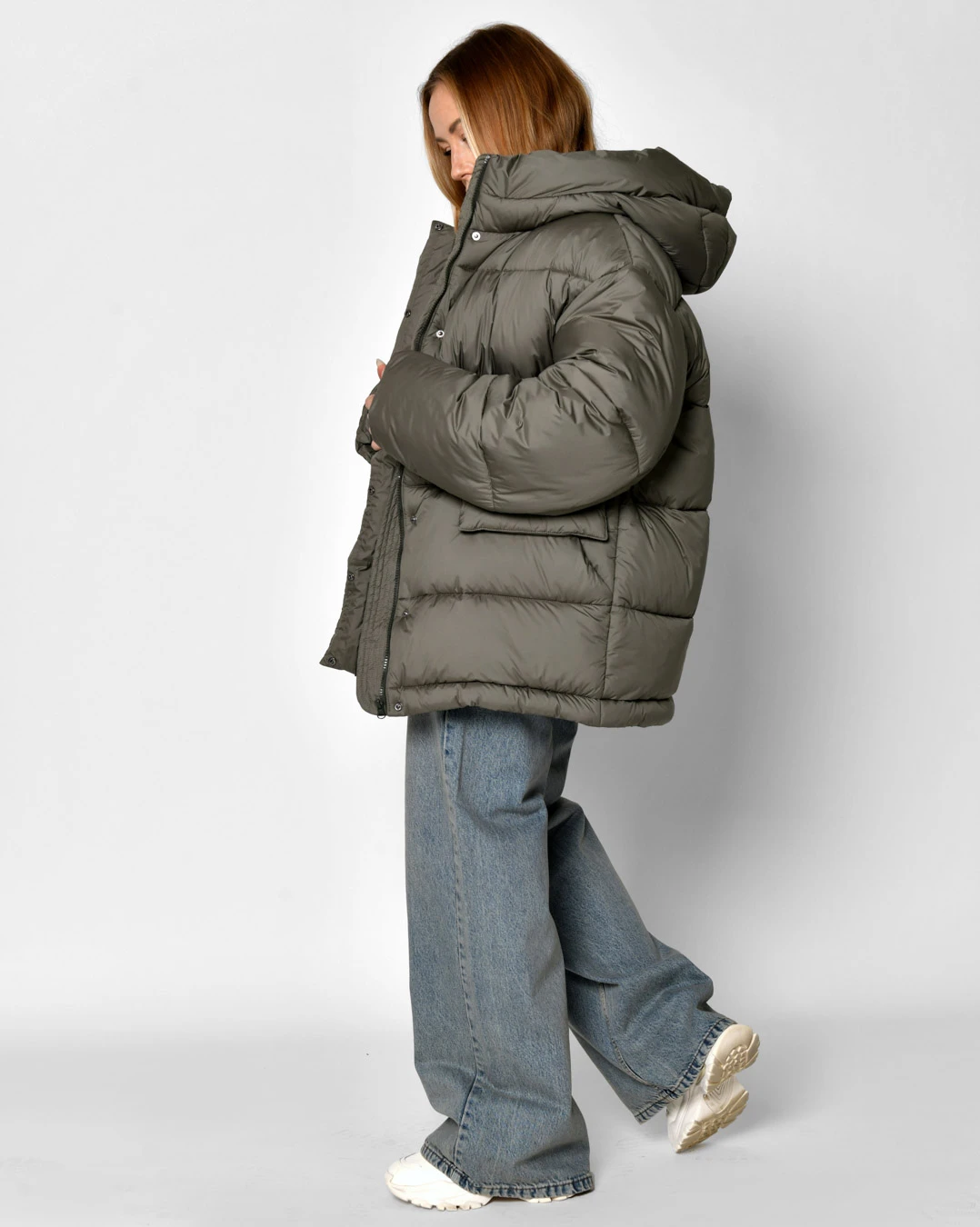 Жіночий короткий пуховик oversize хакі | 91303 Жіночий короткий пуховик oversize хакі | 91303