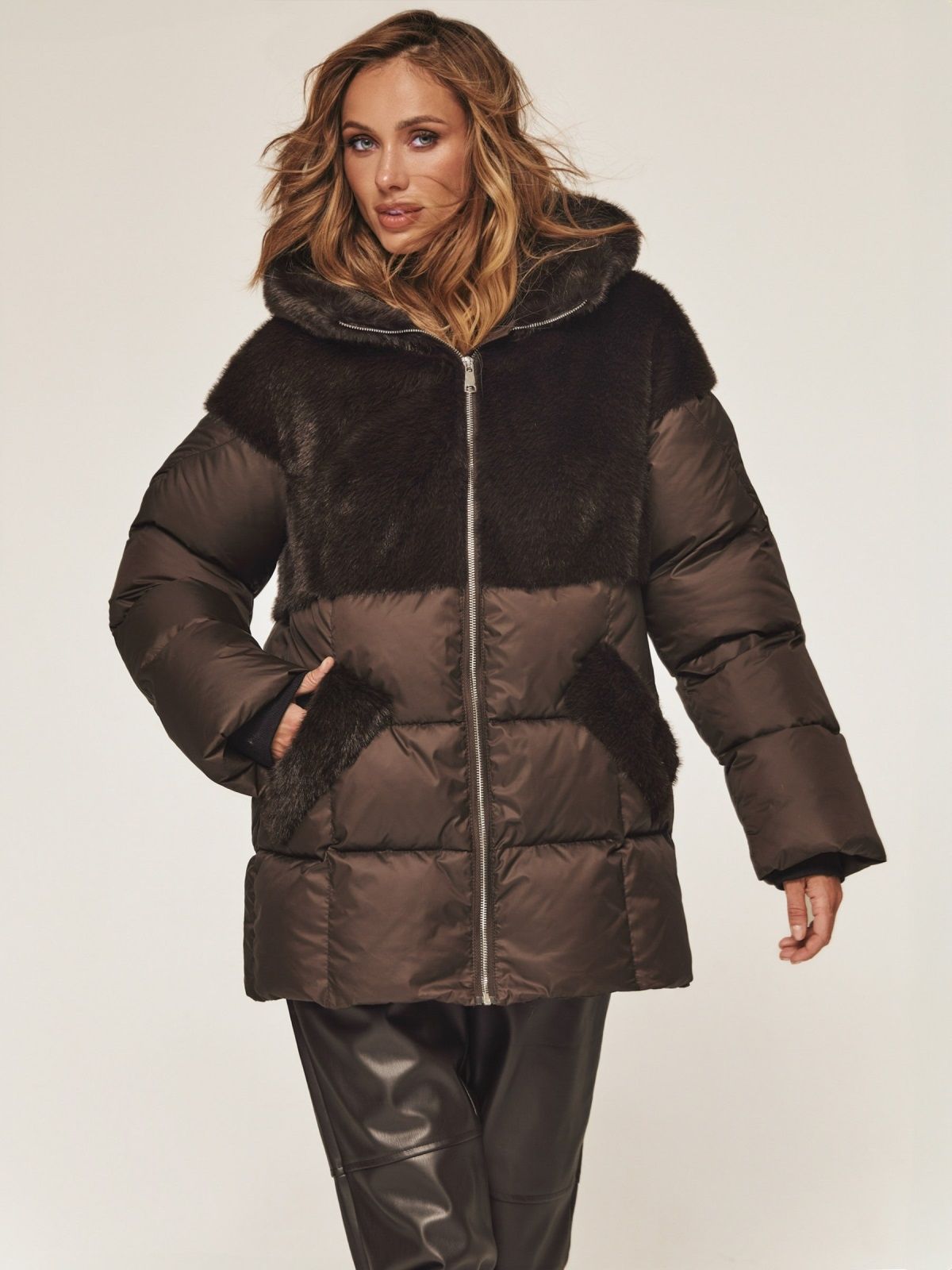 Зимова куртка з вставками з екохутра коричнева | 91795 Зимова куртка з вставками з екохутра коричнева | 91795