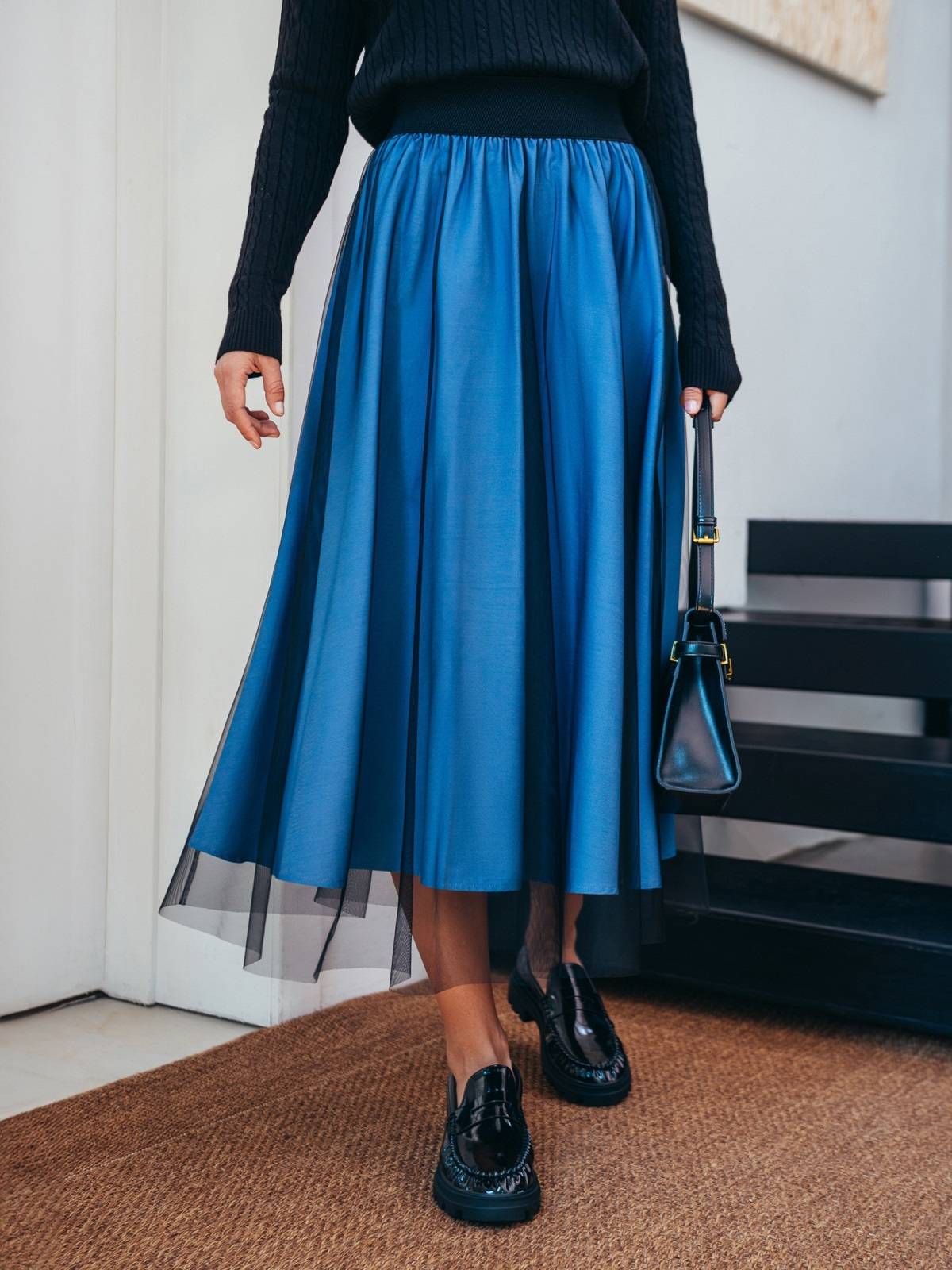 Стильна двошарова спідниця-напівсонце синя | 91423 Стильна двошарова спідниця-напівсонце синя | 91423