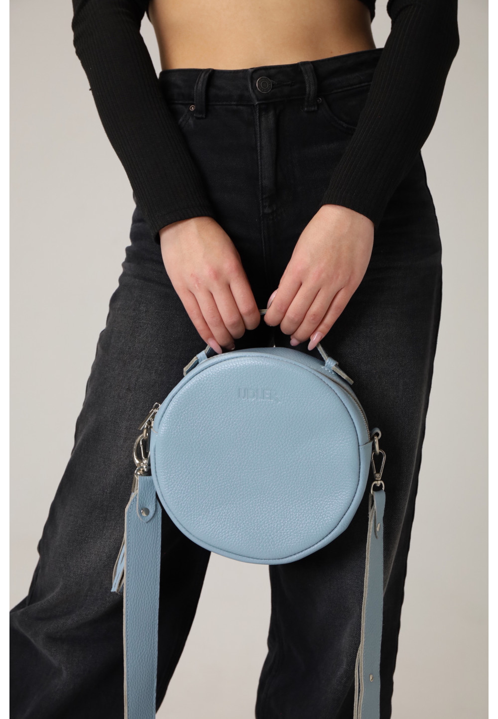Шкіряна сумка круглої форми блакитна | 91622