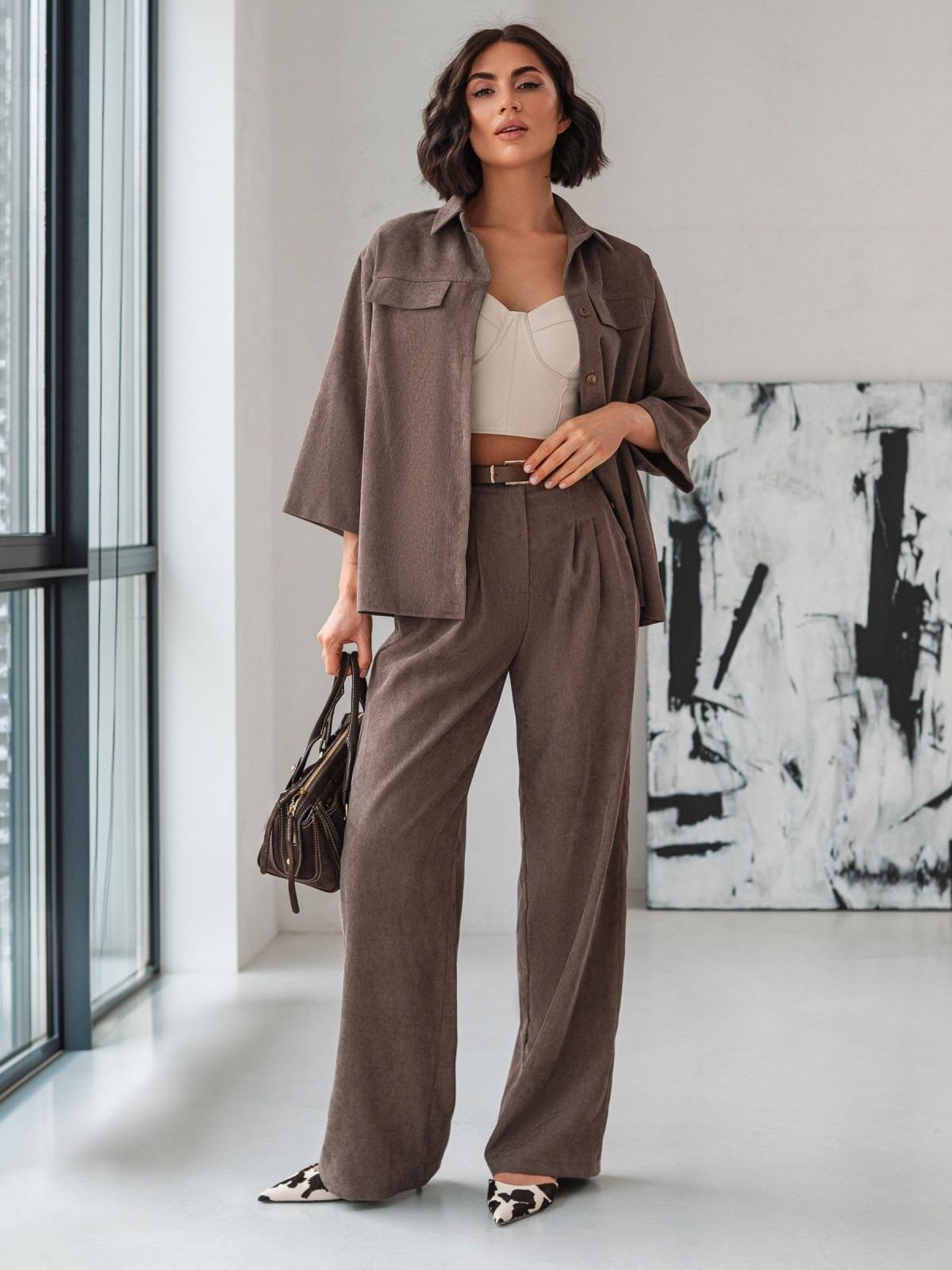 Костюм-двійка з мікровельвету коричневий | 91664