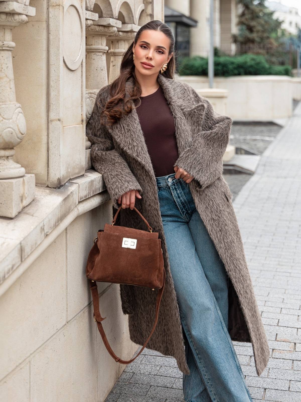 Пальто з ворсом на запах темно-бежеве | 91935