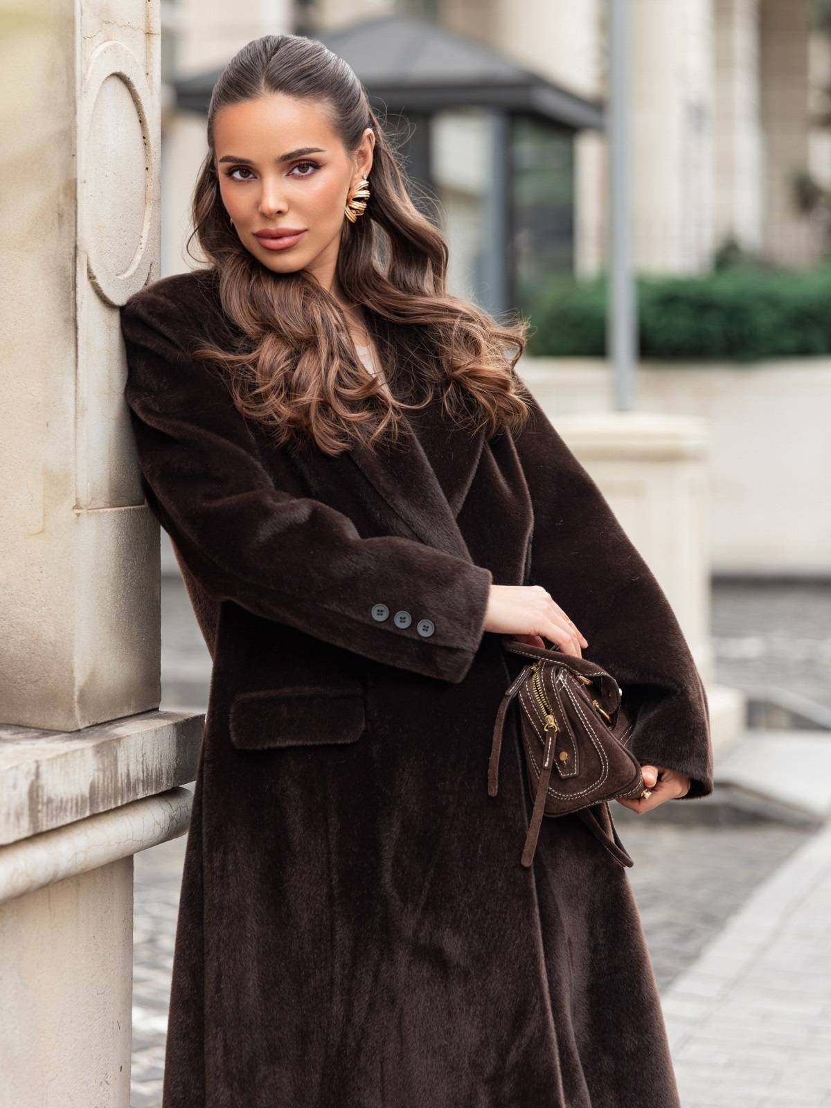 Елегантне пальто зі штучного хутра коричневе | 91747