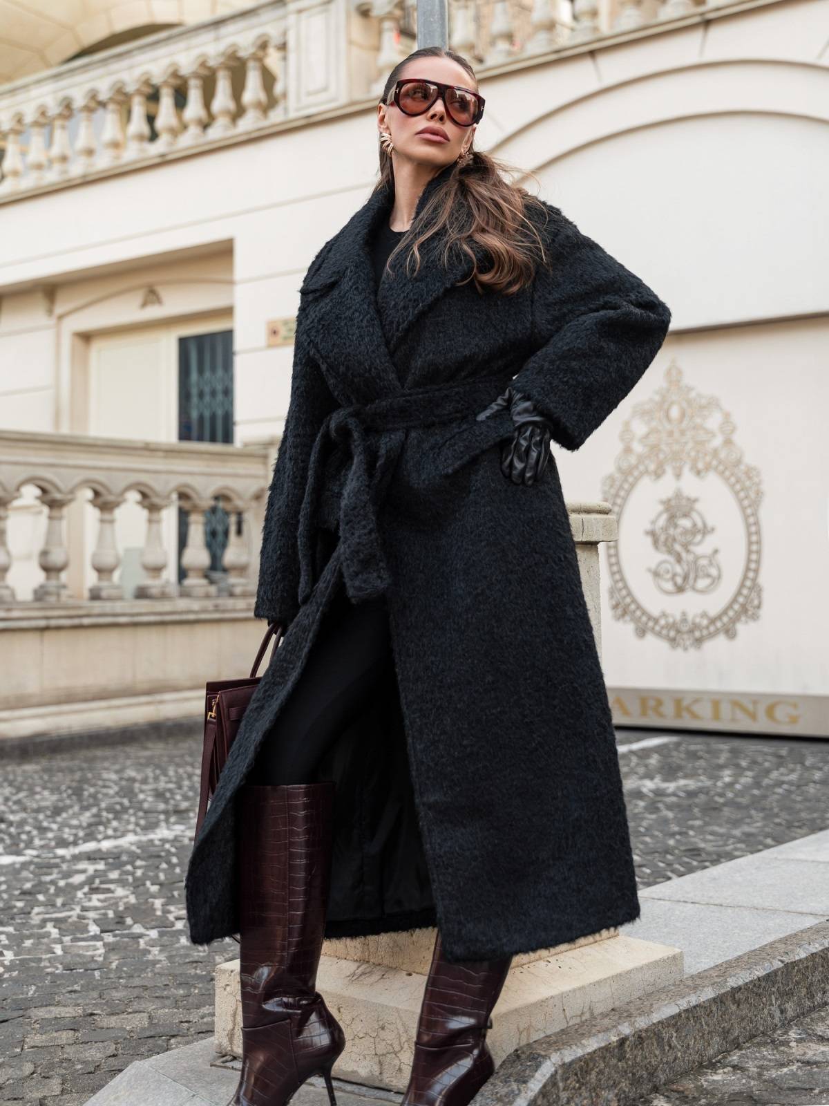 Демісезонне пальто з ворсом на запах чорне | 91948 Демісезонне пальто з ворсом на запах чорне | 91948