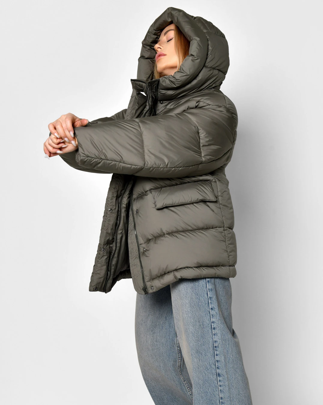 Жіночий короткий пуховик oversize хакі | 91303 Жіночий короткий пуховик oversize хакі | 91303