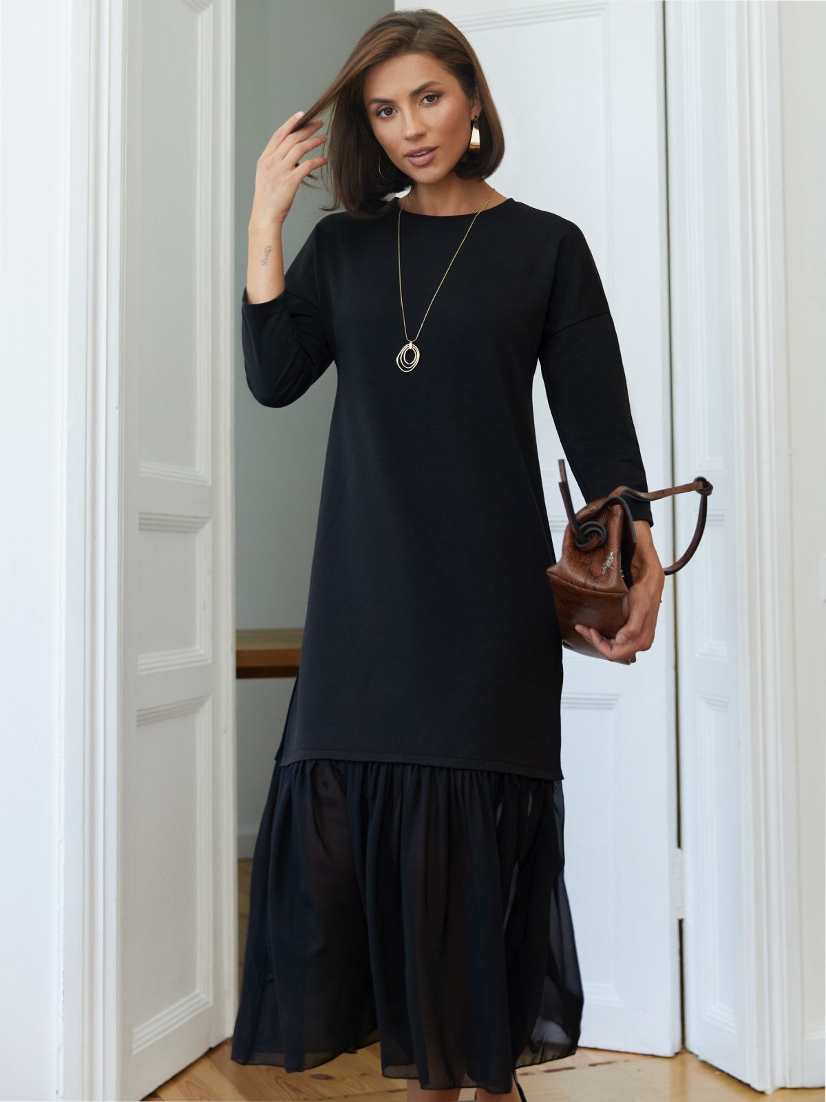 Трикотажна сукня з шифоновою оборкою чорна | 91187 Трикотажна сукня з шифоновою оборкою чорна | 91187