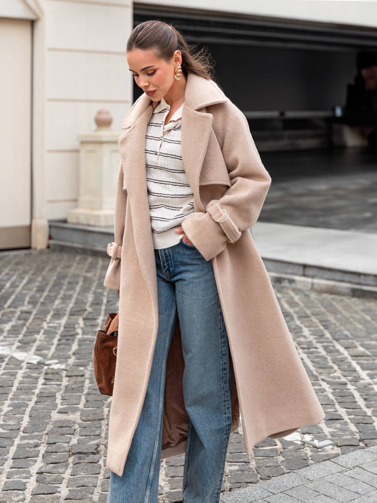 Пальто на запах з легким ворсом бежеве | 91915 Пальто на запах з легким ворсом бежеве | 91915