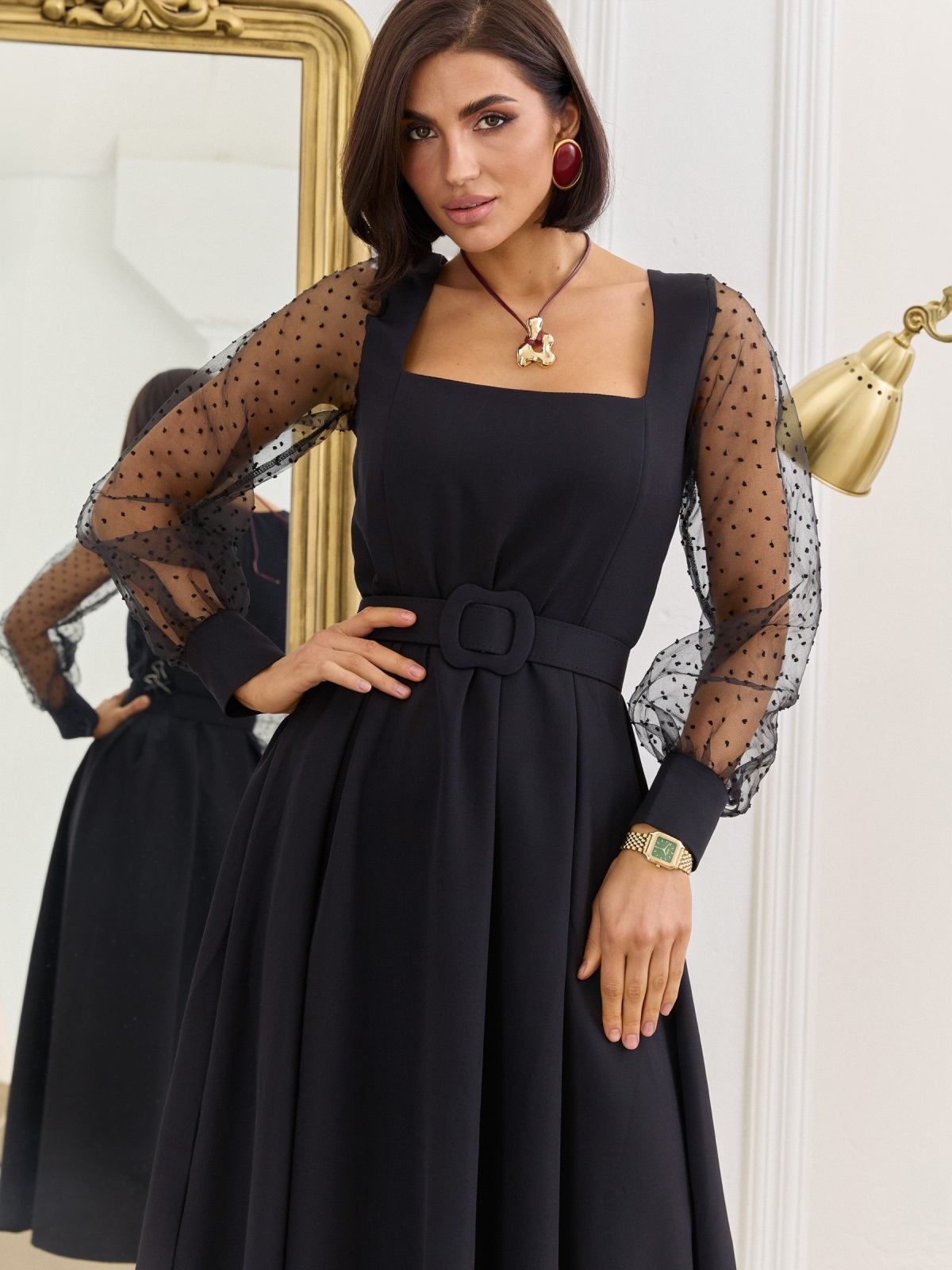 Святкова сукня з прозорими рукавами чорна | 91198 Святкова сукня з прозорими рукавами чорна | 91198