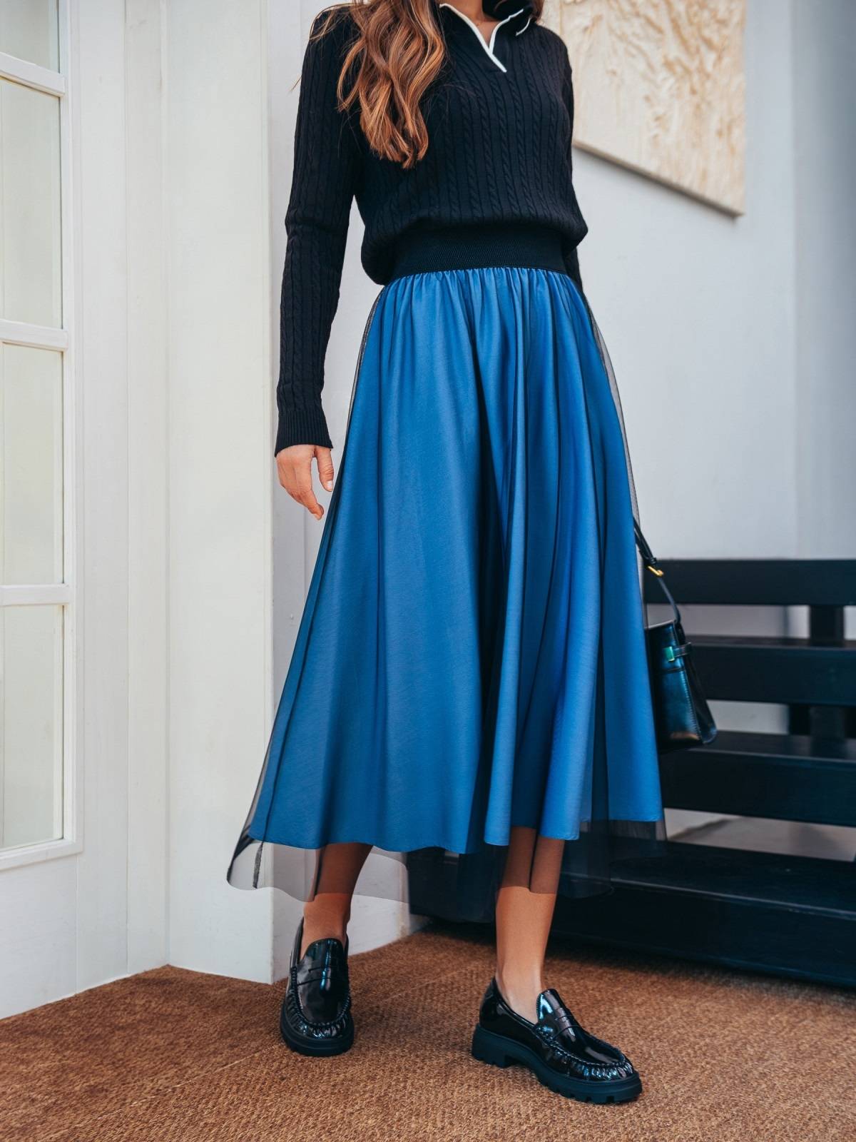 Стильна двошарова спідниця-напівсонце синя | 91423 Стильна двошарова спідниця-напівсонце синя | 91423