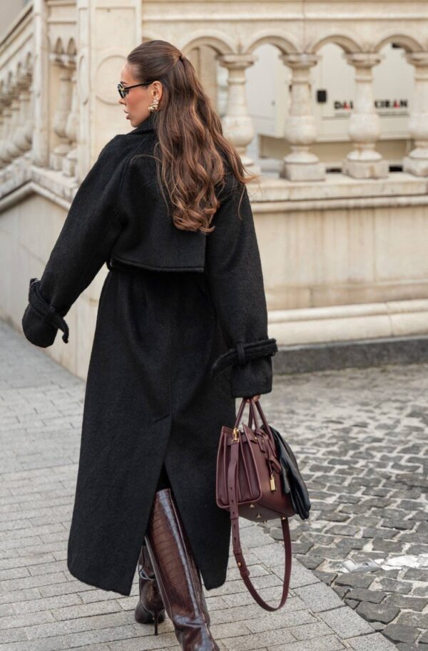 Пальто на запах з легким ворсом чорне | 91770