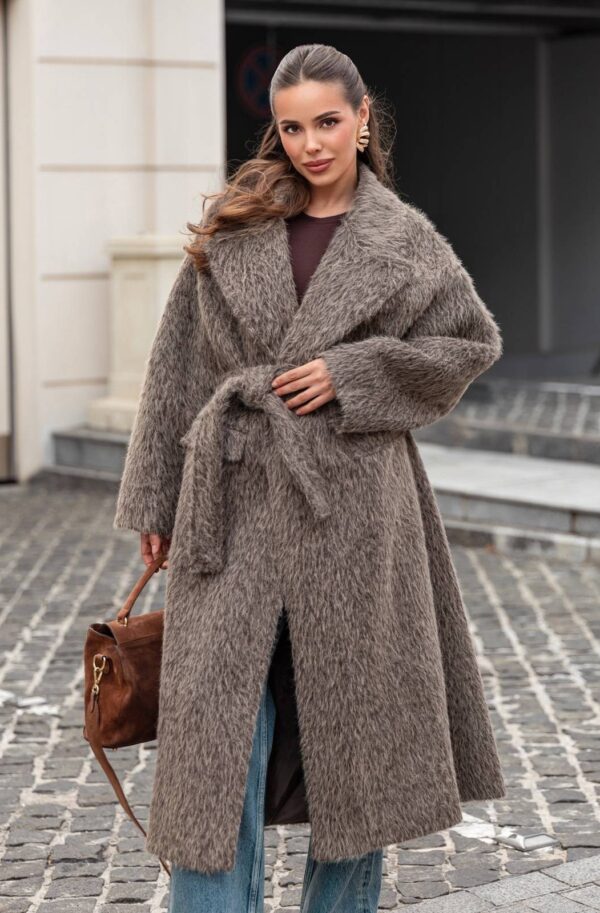 Пальто з ворсом на запах темно-бежеве | 91935