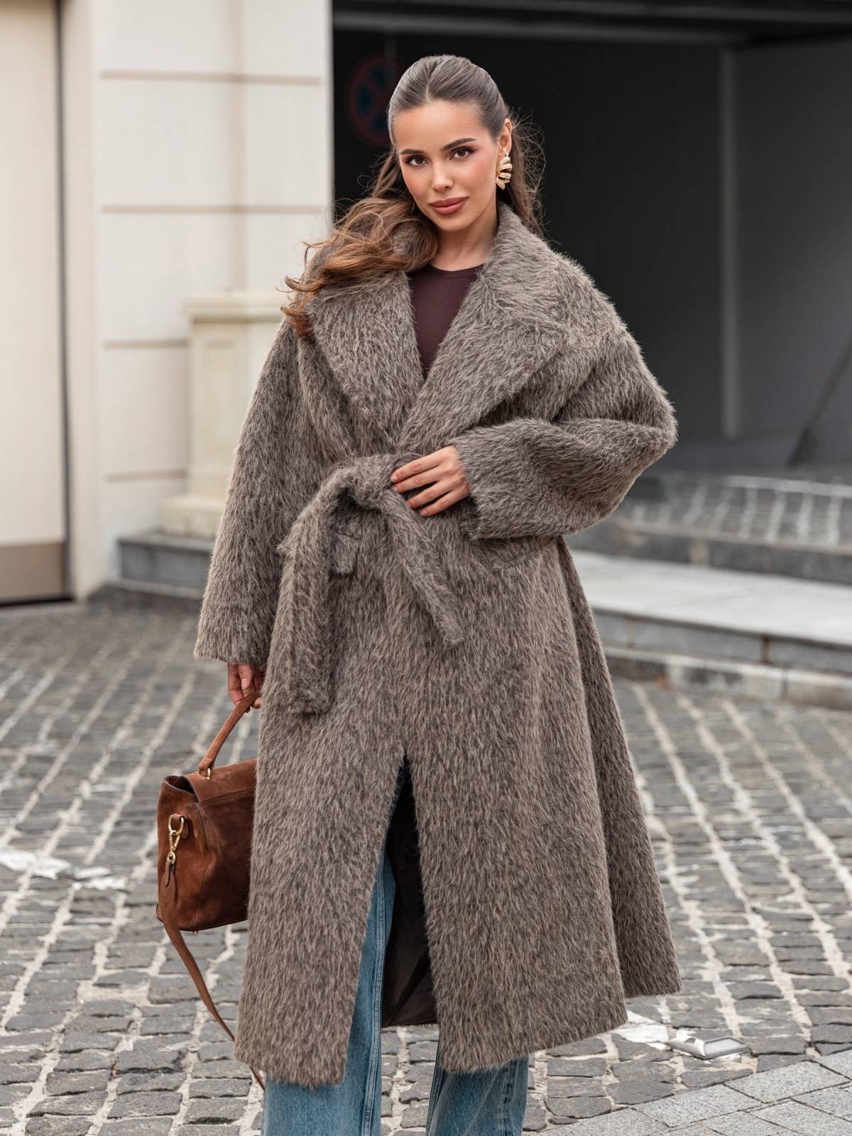 Пальто з ворсом на запах темно-бежеве | 91935