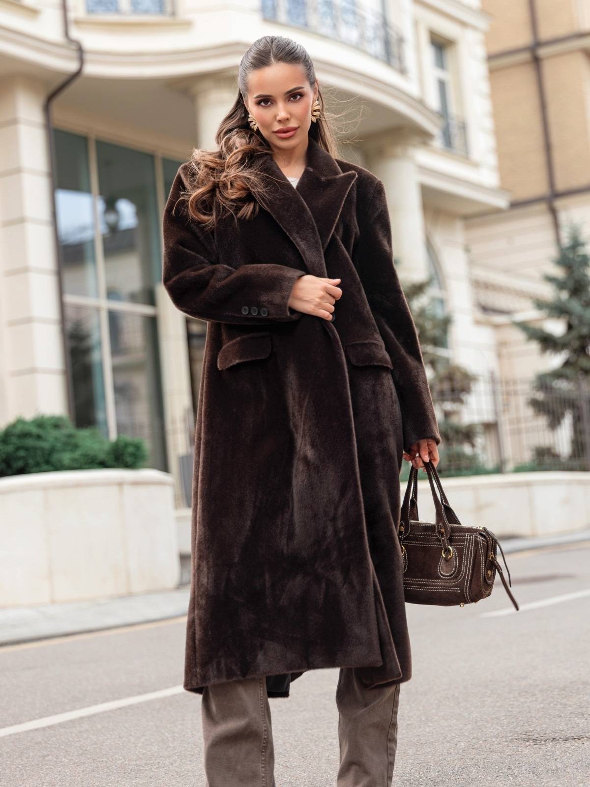 Елегантне пальто зі штучного хутра коричневе | 91747